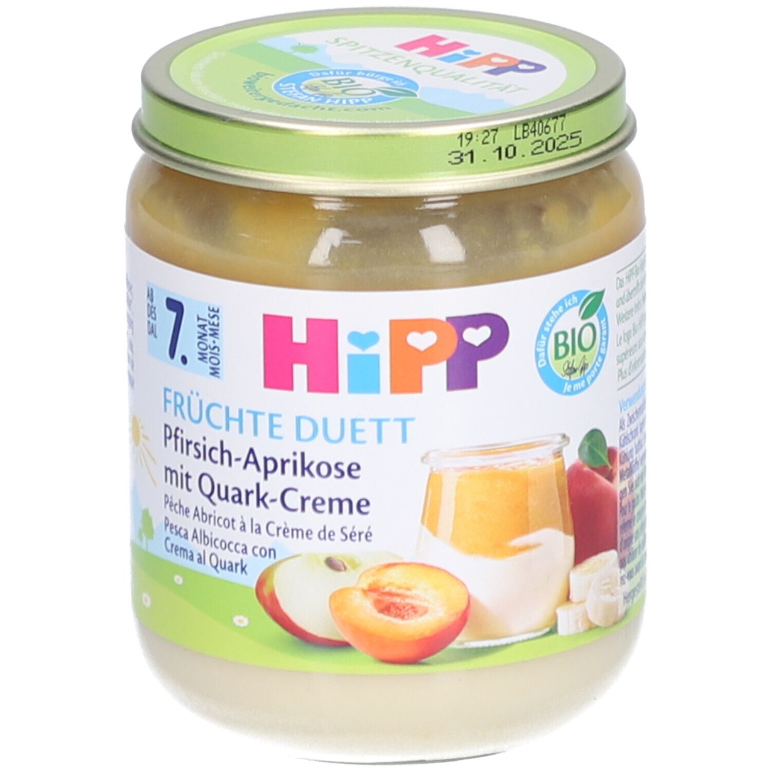 Glas mit Fruchtpüree. Aufschrift: HIPP, Früchte Duett Pfirsich-Aprikose mit Quark-Creme. Bio-Siegel. Deckel mit Haltbarkeitsdatum.