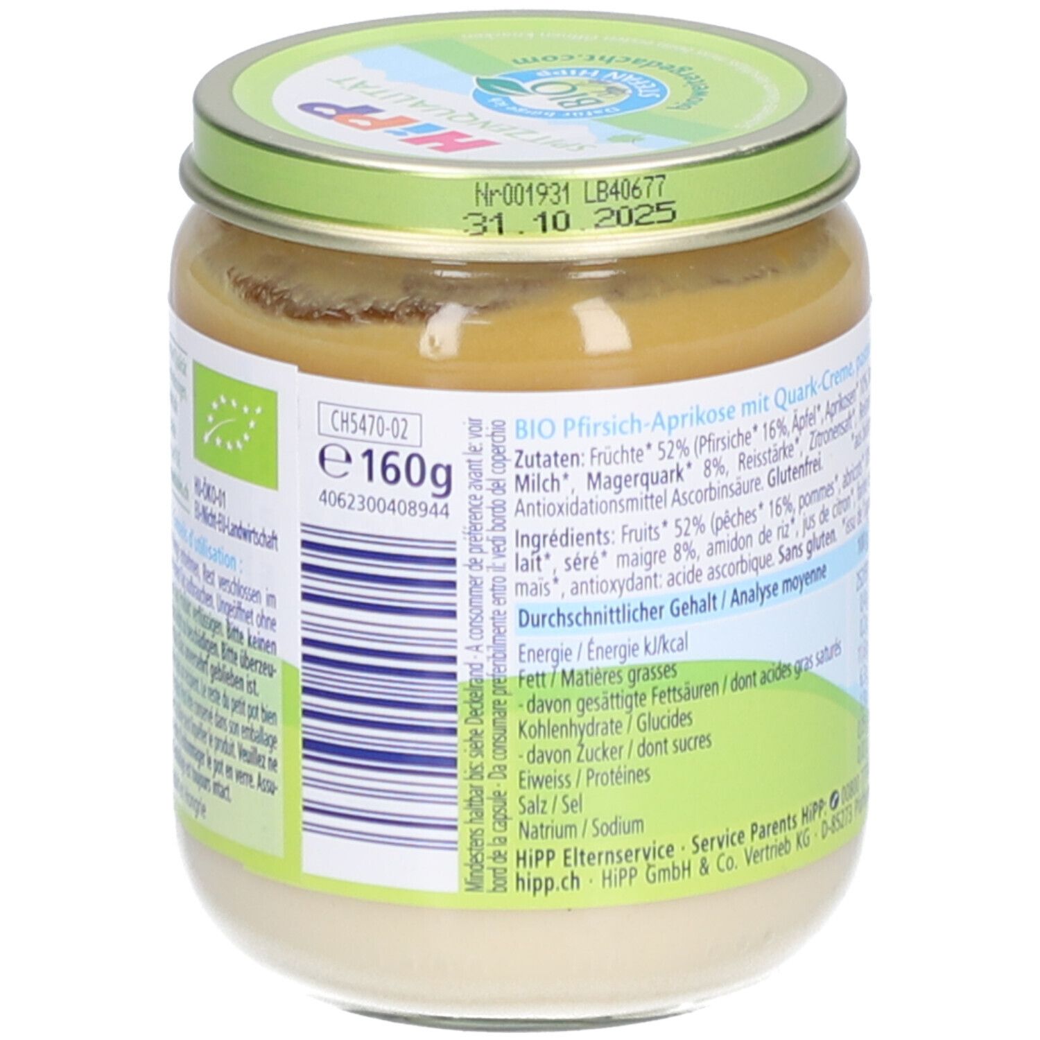 Rückseite des Glases mit Zutatenliste und Nährwertangaben. Aufschrift: HIPP, Früchte Duett. Bio-Siegel. 160g.