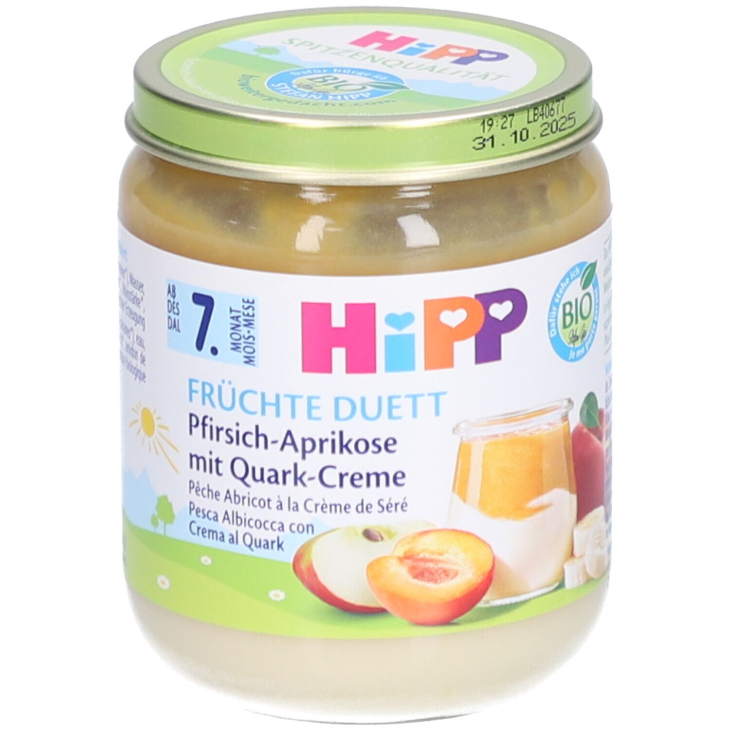 Glas mit Fruchtpüree. Aufschrift: HIPP, Früchte Duett Pfirsich-Aprikose mit Quark-Creme. Bio-Siegel. Deckel mit Haltbarkeitsdatum.