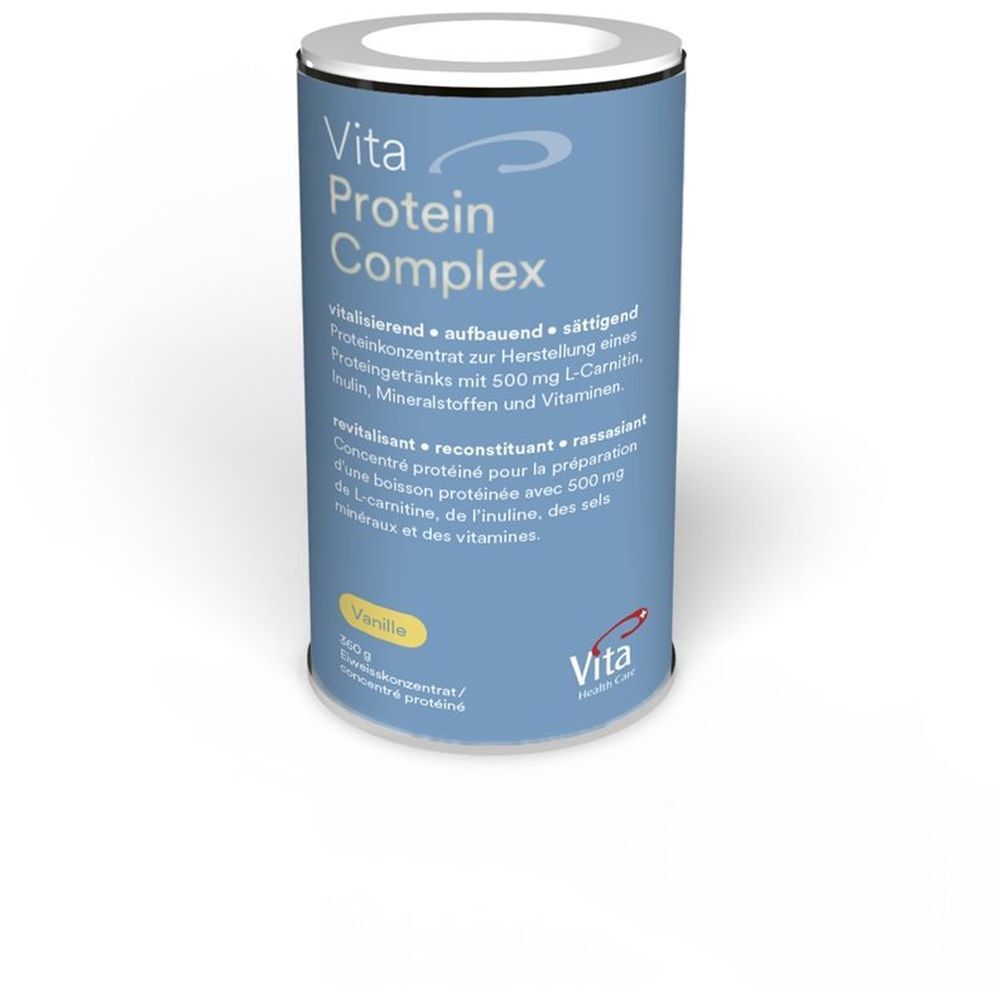 Zylindrische Dose mit "Vita Protein Complex"-Aufdruck. Blaue Dose mit Vanille-Hinweis und Produktinformationen.