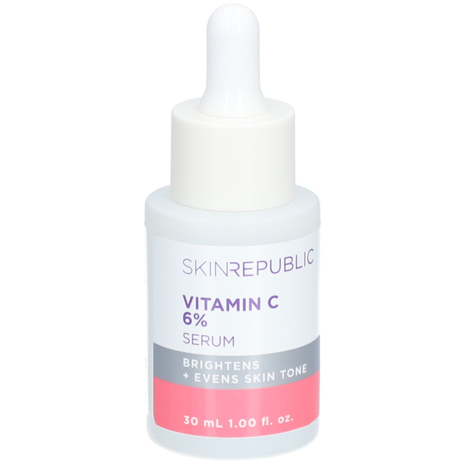 Skin Republic Vitamin C Serum. Weiße Flasche mit Pipette. Enthält 6% Serum. Text: Brightens + Evens Skin Tone.