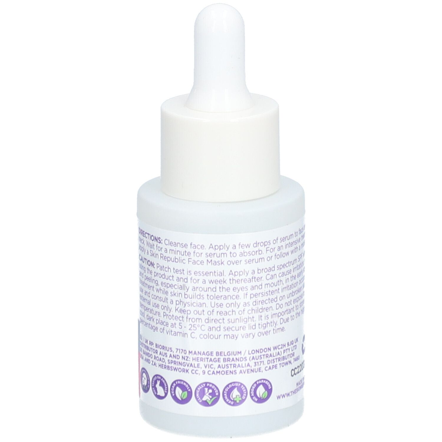 Rückseite der Skin Republic Vitamin C Serum Flasche. Text: Anwendungshinweise, Vorsichtshinweise, Inhaltsstoffe, Hersteller.