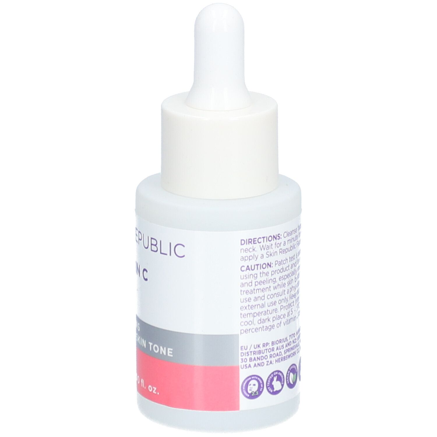 Rückseite der Skin Republic Vitamin C Serum Flasche. Text: Anwendungshinweise, Vorsichtshinweise, Inhaltsstoffe, Hersteller.
