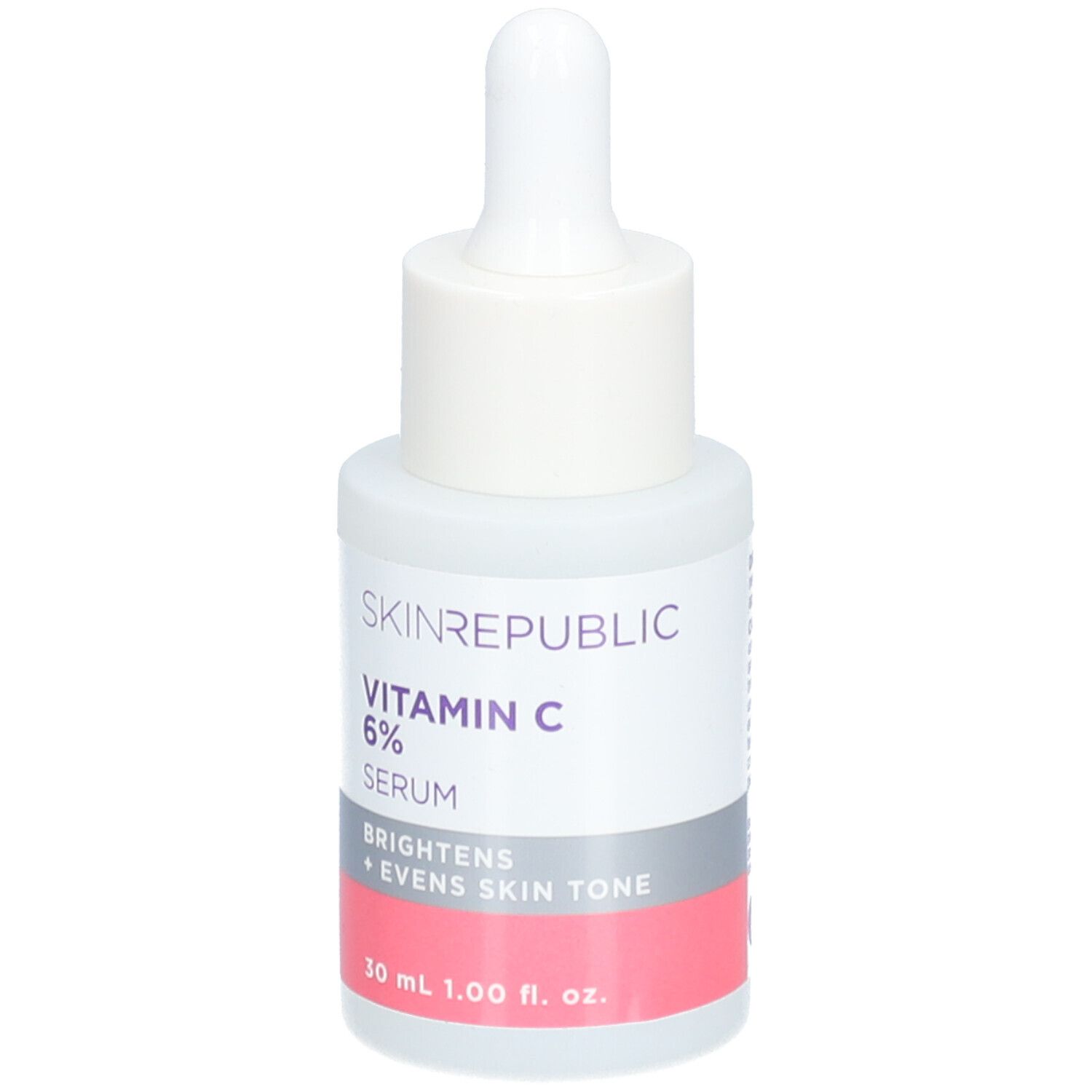Skin Republic Vitamin C Serum. Weiße Flasche mit Pipette. Enthält 6% Serum. Text: Brightens + Evens Skin Tone.