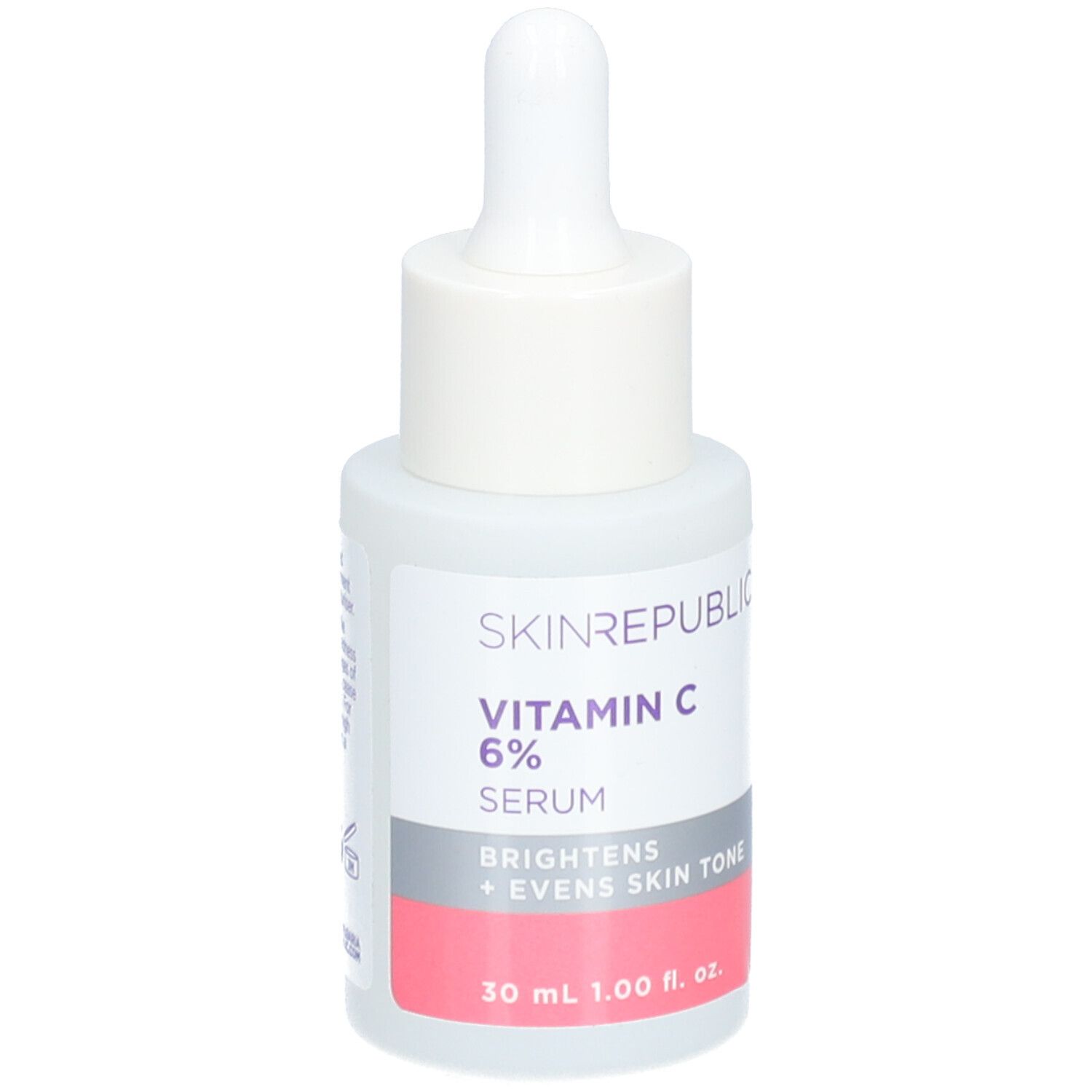 Skin Republic Vitamin C Serum. Weiße Flasche mit Pipette. Enthält 6% Serum. Text: Brightens + Evens Skin Tone.