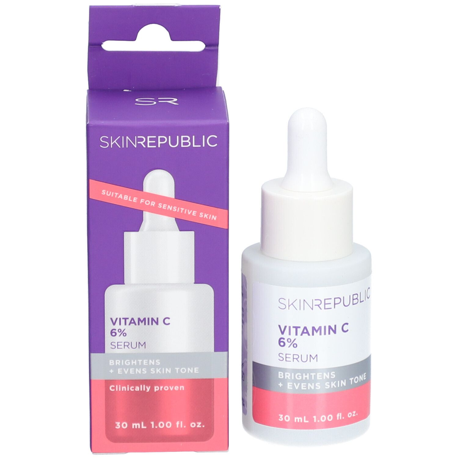 Skin Republic Vitamin C Serum und Verpackung. Lila Schachtel mit Serum-Abbildung. Text: Geeignet für empfindliche Haut.