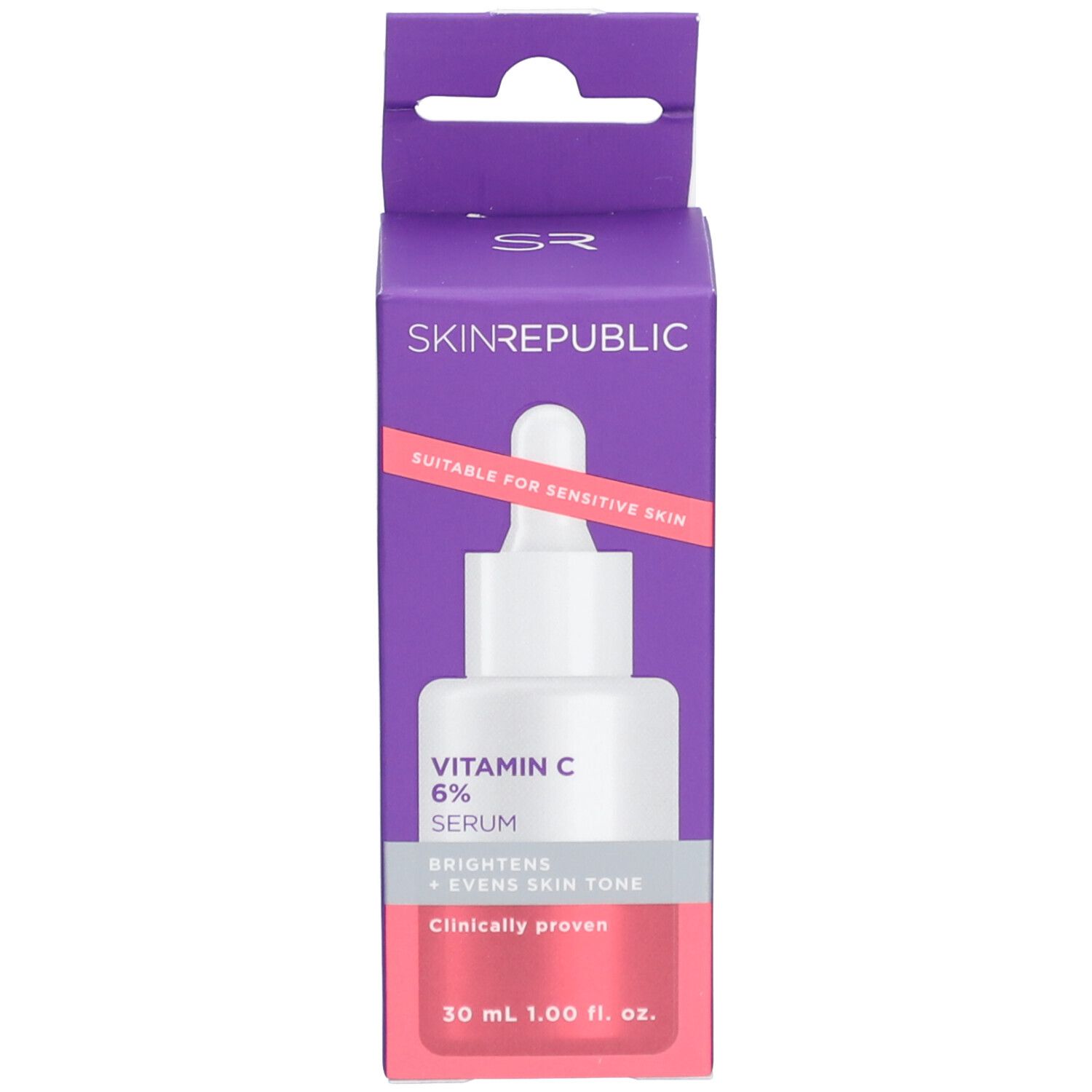 Skin Republic Vitamin C Serum und Verpackung. Lila Schachtel mit Serum-Abbildung. Text: Geeignet für empfindliche Haut.