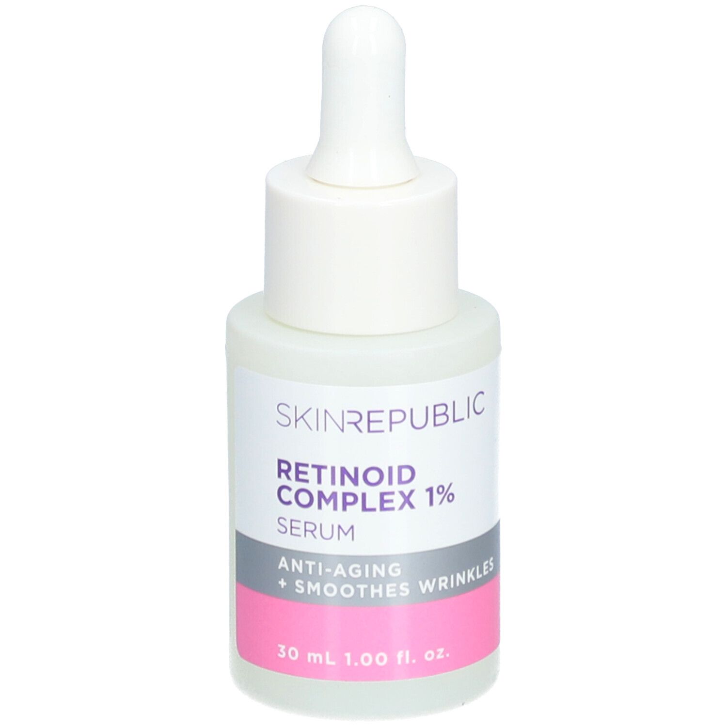 Skin Republic Retinoid Serum. Weiße Flasche mit Pipette. Rosa und graue Etiketten. Text: Retinoid Complex 1%, Serum.