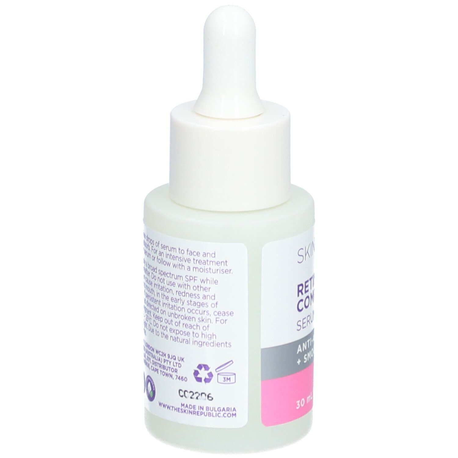 Skin Republic Retinoid Serum. Rückseite der Flasche. Text: Inhaltsstoffe, Anwendungshinweise, Warnhinweise. Weiße Flasche.