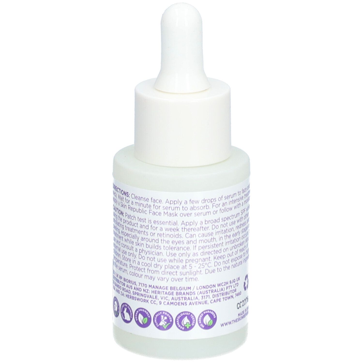 Skin Republic Retinoid Serum. Rückseite der Flasche. Text: Anwendungshinweise, Warnhinweise. Weiße Flasche.