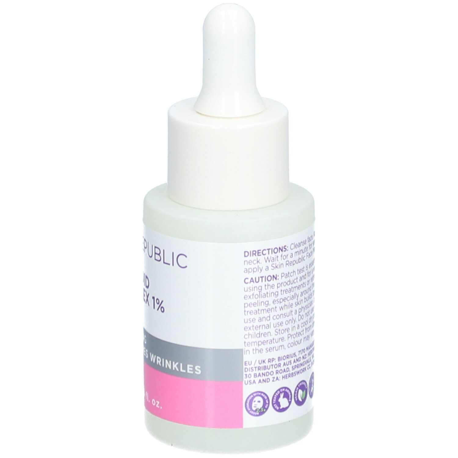 Skin Republic Retinoid Serum. Rückseite der Flasche. Text: Anwendungshinweise, Warnhinweise. Weiße Flasche.