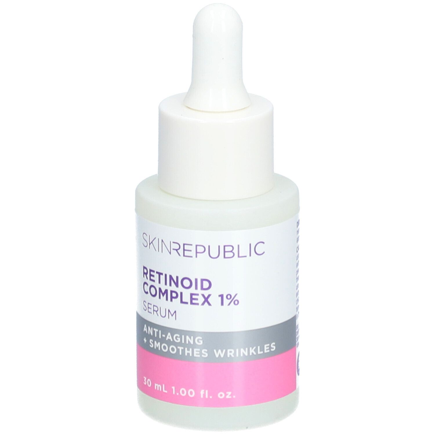 Skin Republic Retinoid Serum. Weiße Flasche mit Pipette. Rosa und graue Etiketten. Text: Retinoid Complex 1%, Serum.