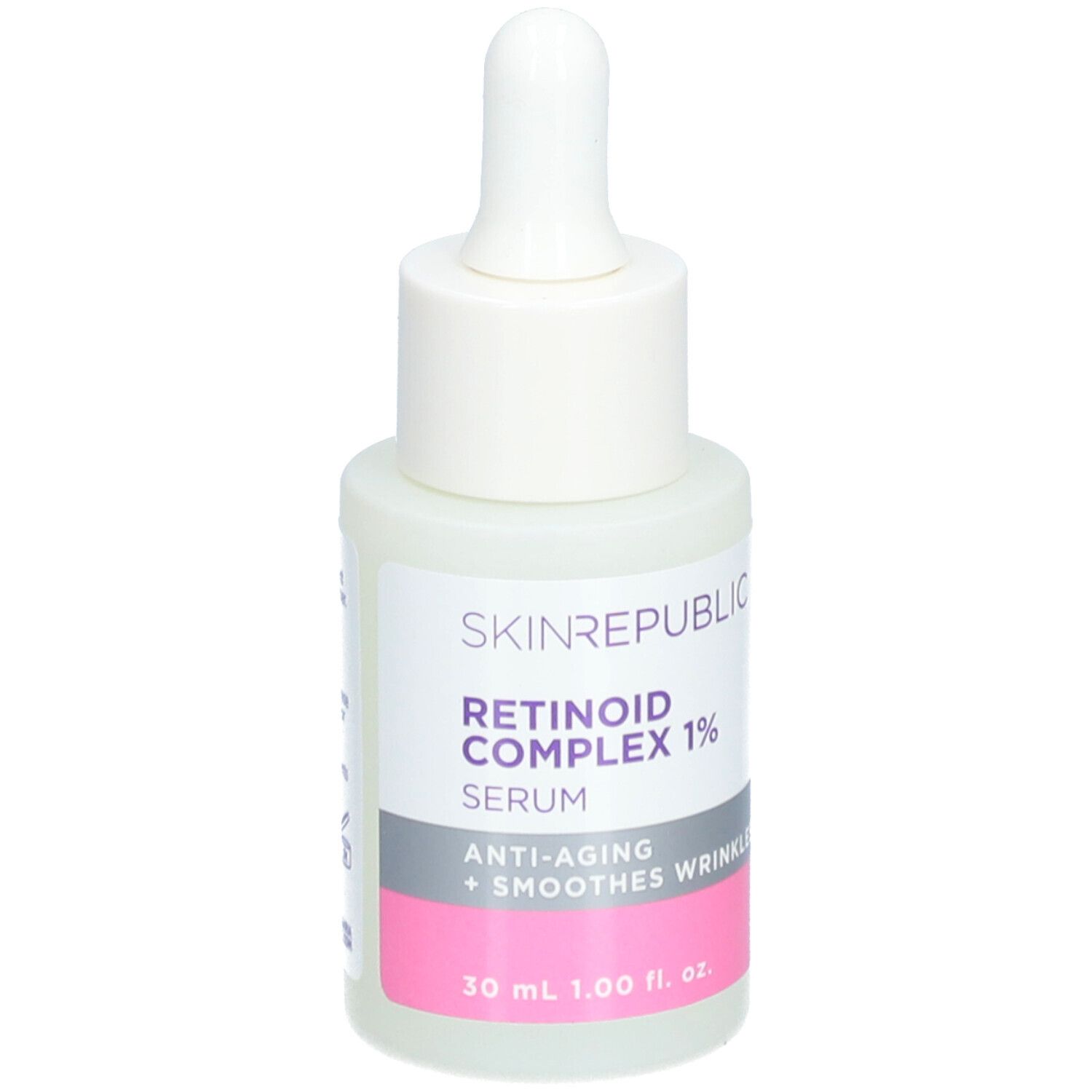 Skin Republic Retinoid Serum. Weiße Flasche mit Pipette. Rosa und graue Etiketten. Text: Retinoid Complex 1%, Serum.