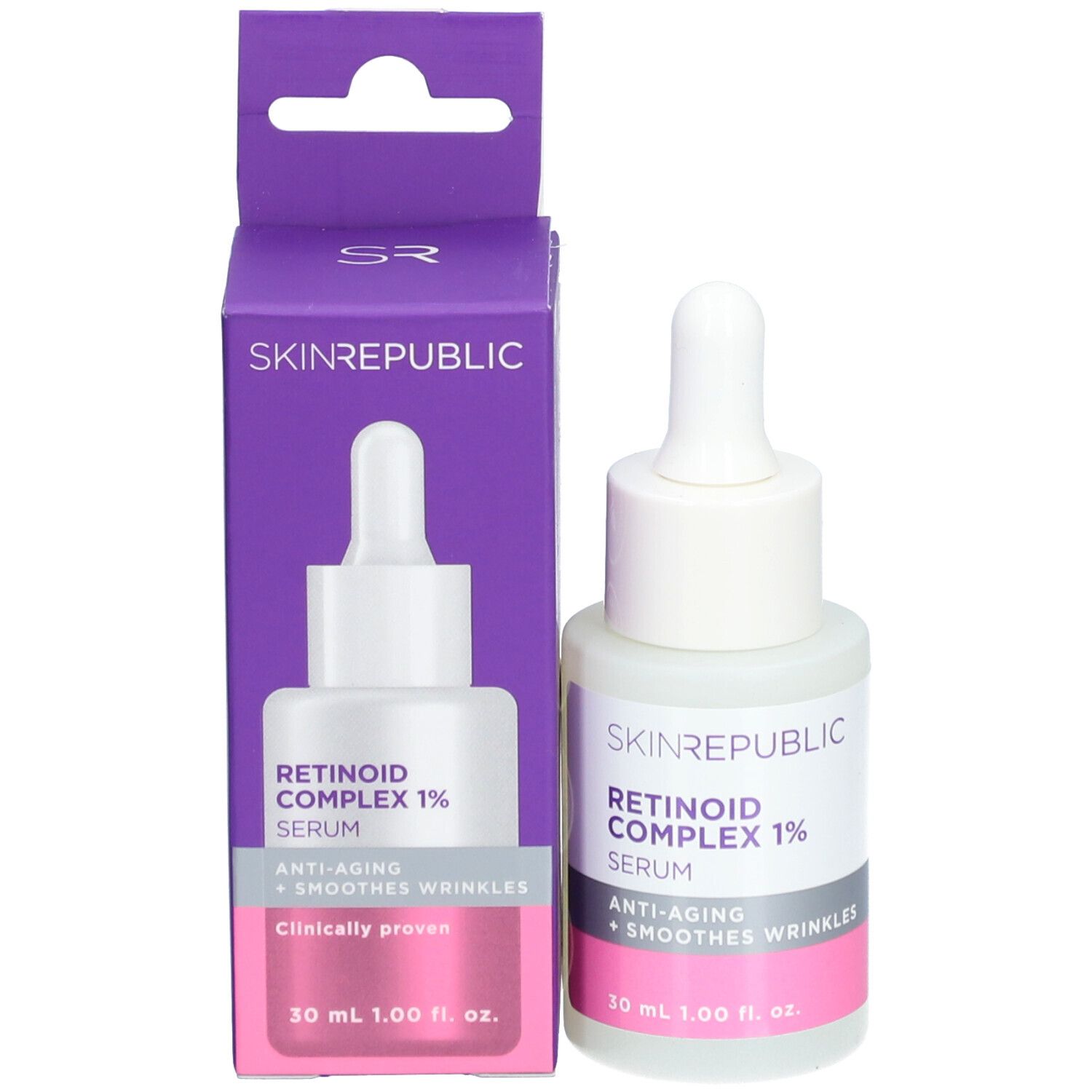 Skin Republic Retinoid Serum und Verpackung. Flasche und Schachtel. Text: Retinoid Complex 1%, Serum. Klinisch erwiesen.