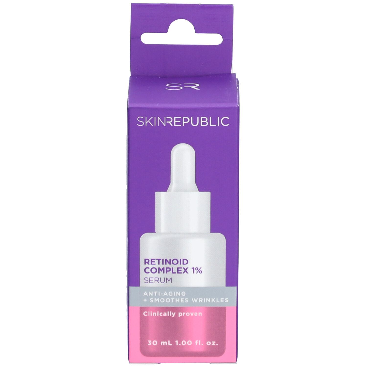 Skin Republic Retinoid Serum und Verpackung. Flasche und Schachtel. Text: Retinoid Complex 1%, Serum. Klinisch erwiesen.