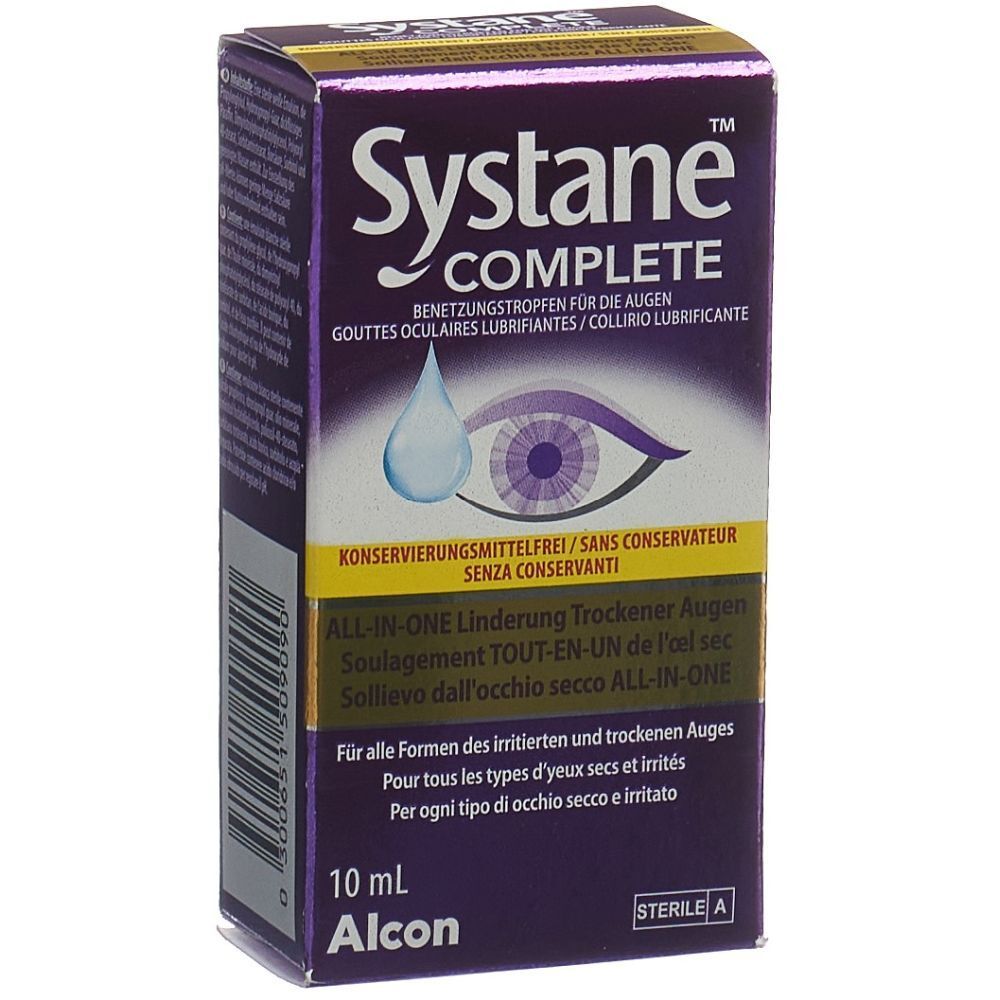 Verpackung von Systane COMPLETE Benetzungstropfen. Violette Schachtel mit Produktnamen und Inhaltsangaben. 10 ml.