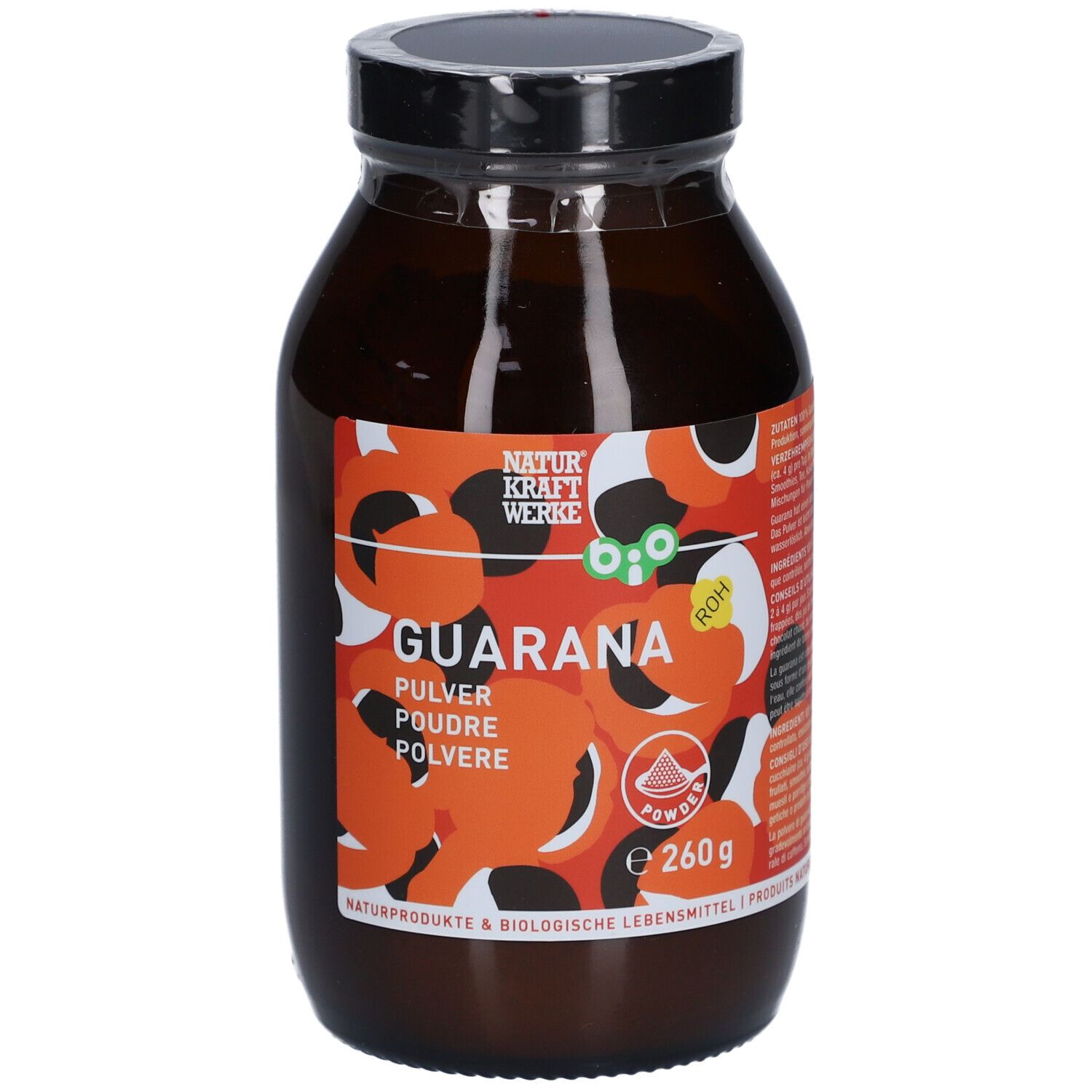 Braune Glasflasche mit schwarzem Deckel. Etikett mit "Guarana" und "Bio"-Logo. Inhalt: 260g.