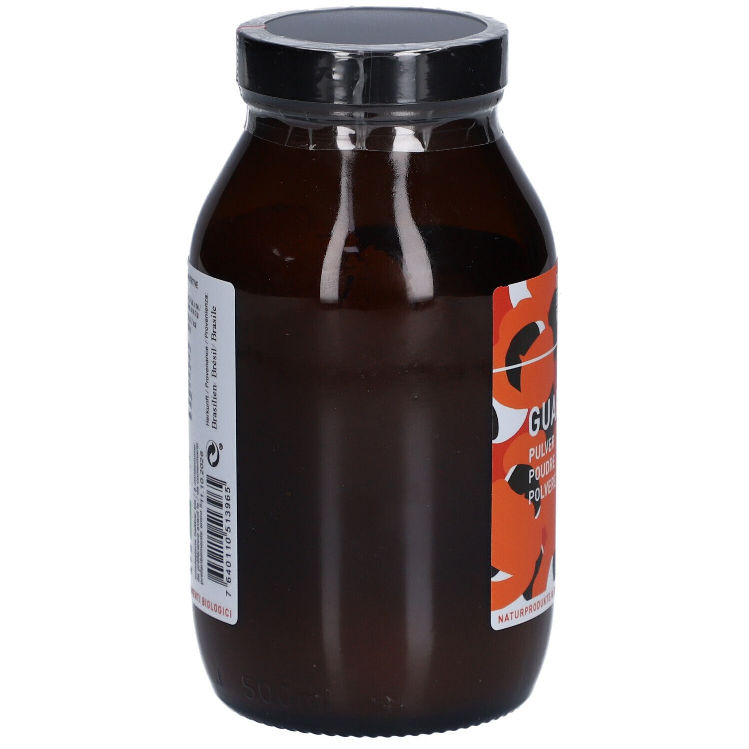 Braune Glasflasche, Seitenansicht. Etikett mit Barcode und Herstellerinformationen. Schwarzer Deckel.