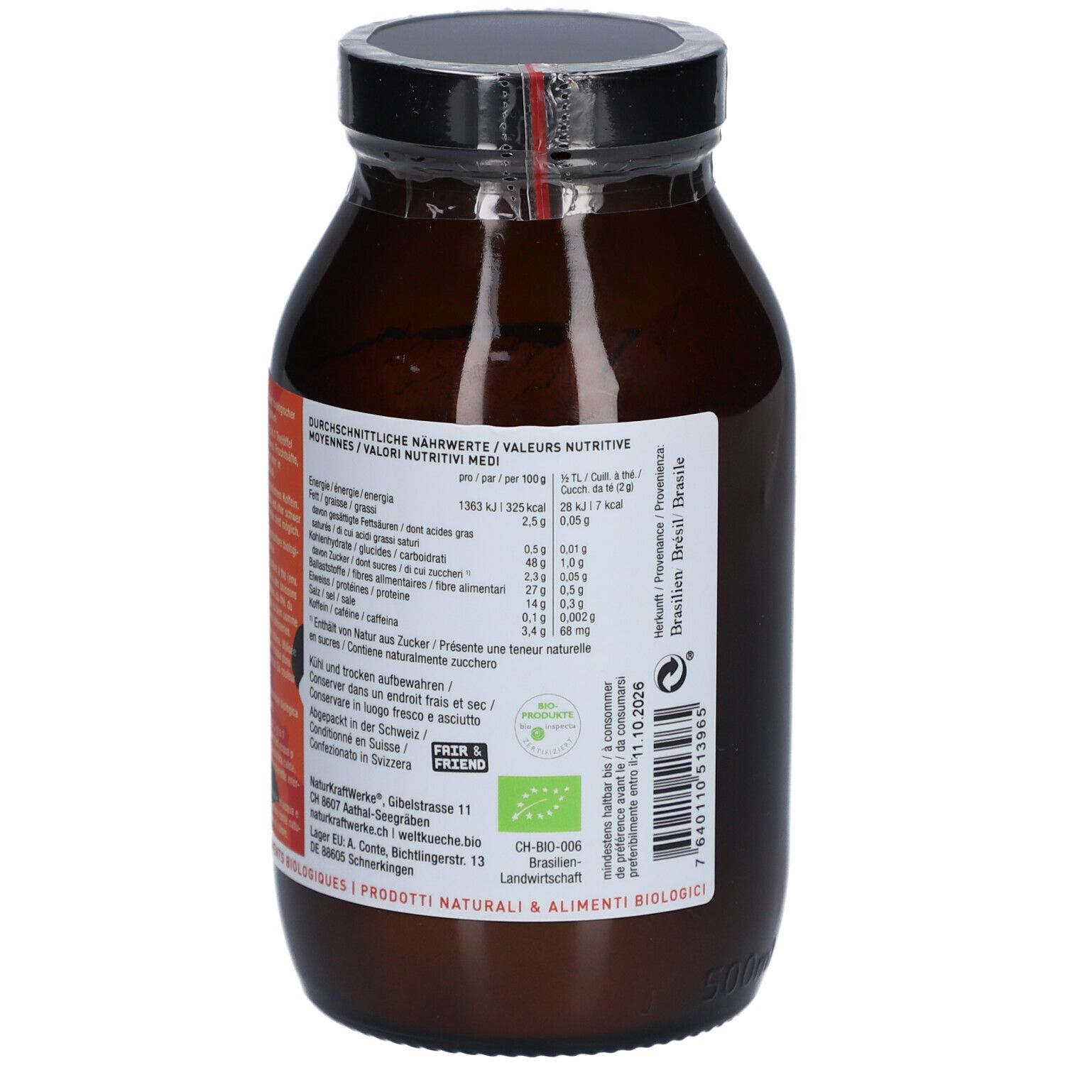 Rückseite der braunen Glasflasche. Etikett mit Nährwertangaben, Inhaltsstoffen und Bio-Siegel.