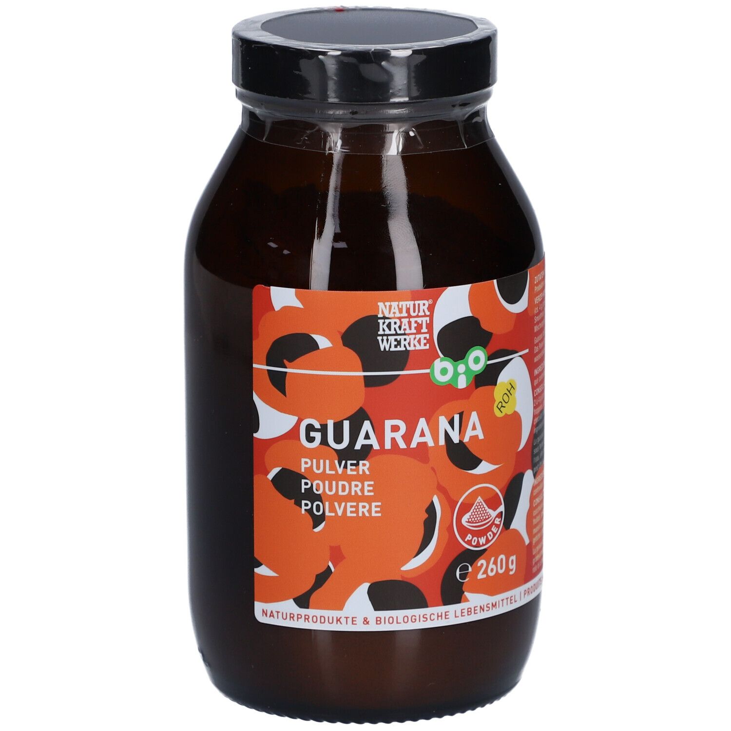 Braune Glasflasche mit schwarzem Deckel. Etikett mit "Guarana" und "Bio"-Logo. Inhalt: 260g.