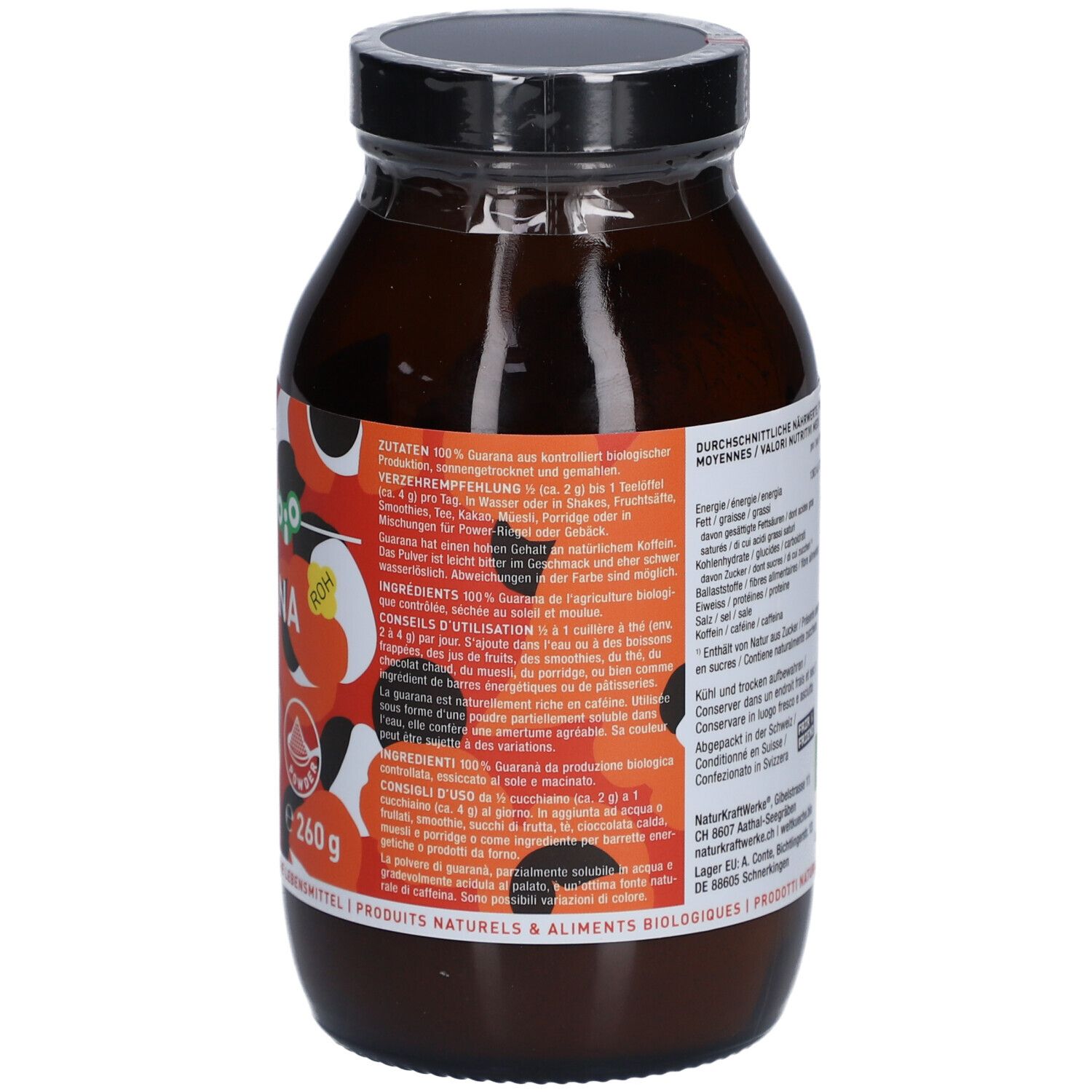 Braune Glasflasche, Rückseite. Etikett mit Inhaltsstoffen, Nährwerten und Bio-Siegel. Inhalt: 260g.