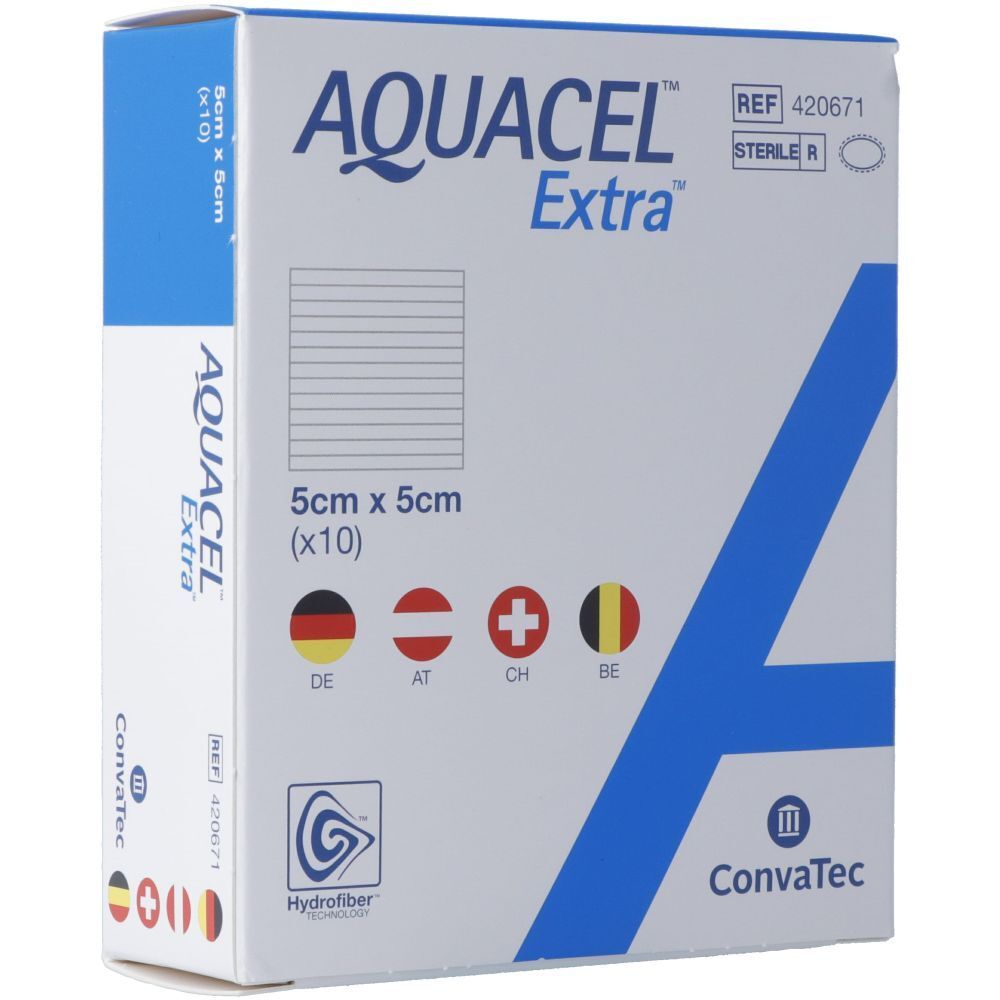 Verpackung AQUACEL Extra, 5x5 cm. Zehn Pflaster. Logos: DE, AT, CH, BE. ConvaTec-Logo. Steril.
