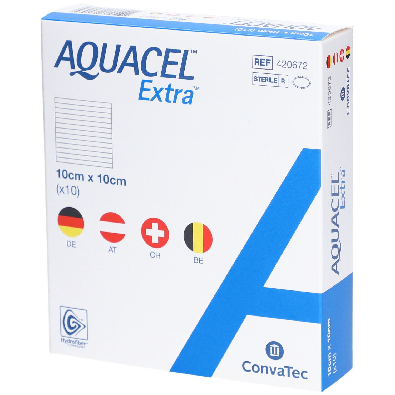Verpackung AQUACEL Extra, 10x10cm. Enthält 10 Stück. Mit Länderflaggen DE, AT, CH, BE. Hersteller Convatec.