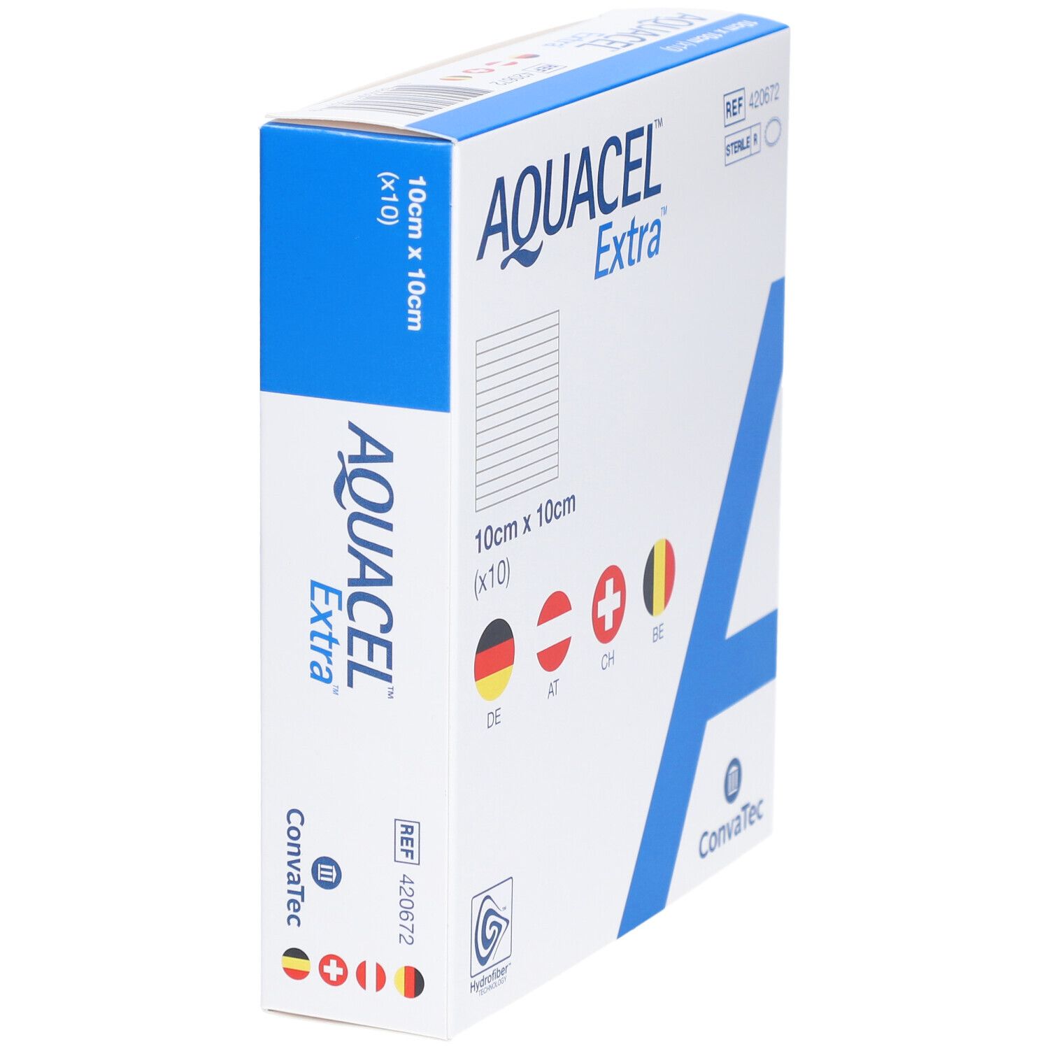AQUACEL Extra Verpackung, 10x10cm, 10 Stück. Blaue Akzente. Mit Länderflaggen DE, AT, CH, BE. Convatec.