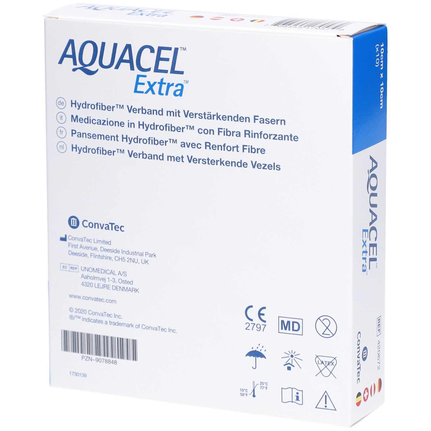 AQUACEL Extra Verpackung. Produktinformationen in mehreren Sprachen. CE-Kennzeichnung. Hersteller Convatec.