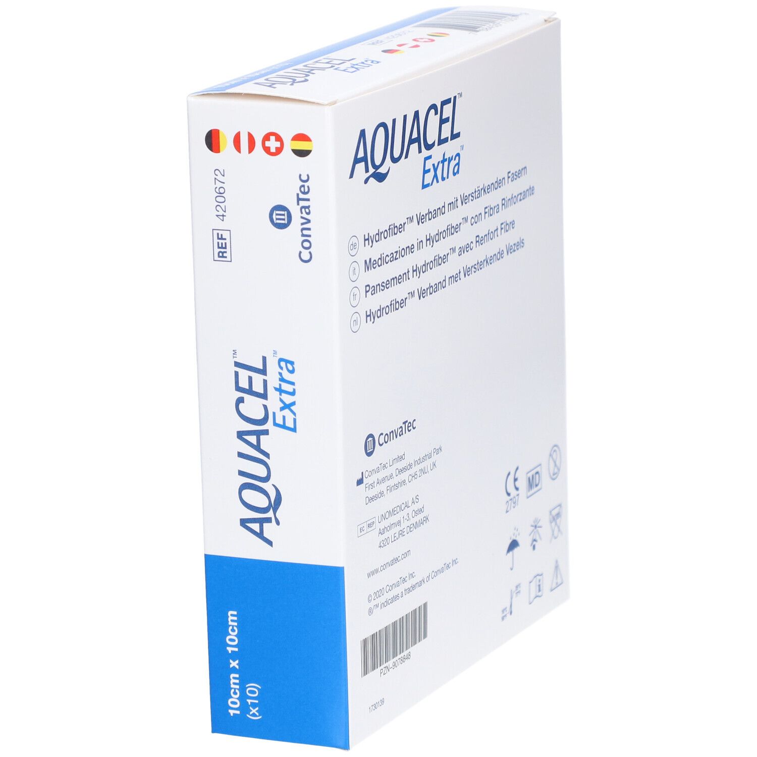 AQUACEL Extra Verpackung. Produktinformationen in mehreren Sprachen. Hersteller Convatec. CE-Kennzeichnung.