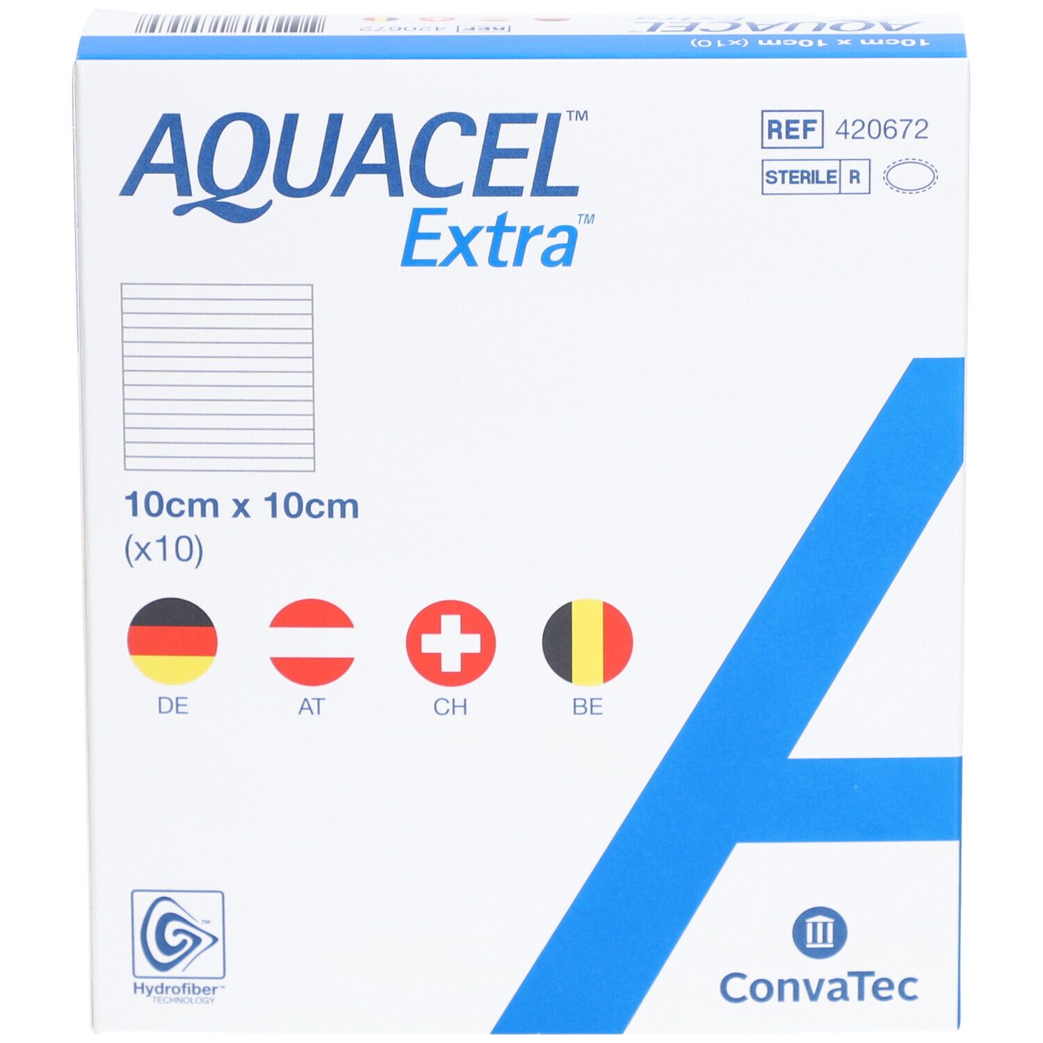 AQUACEL Extra Verpackung, 10x10cm, 10 Stück. Mit Länderflaggen DE, AT, CH, BE. Hersteller Convatec.