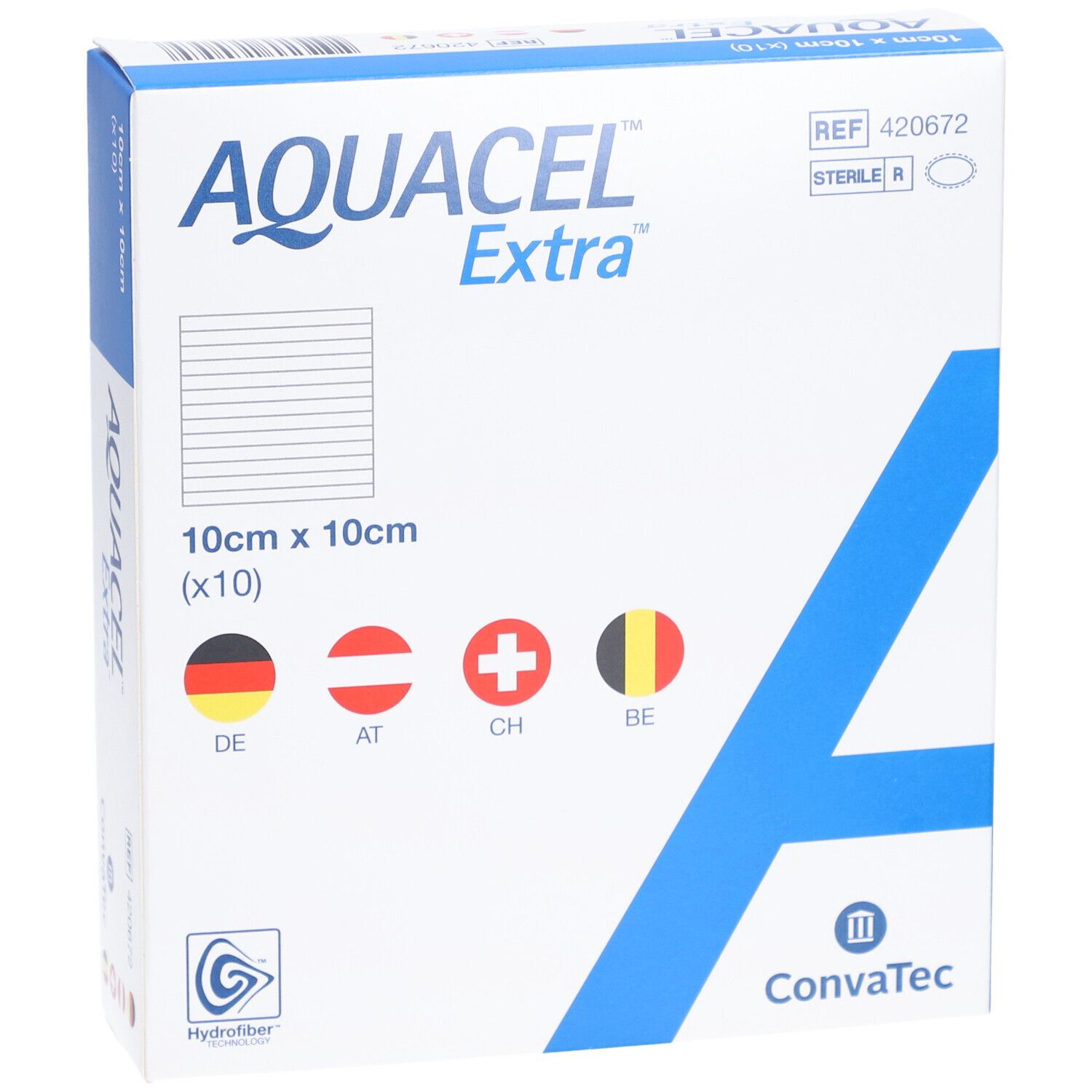 AQUACEL Extra Verpackung, 10x10cm, 10 Stück. Mit Länderflaggen DE, AT, CH, BE. Hersteller Convatec.