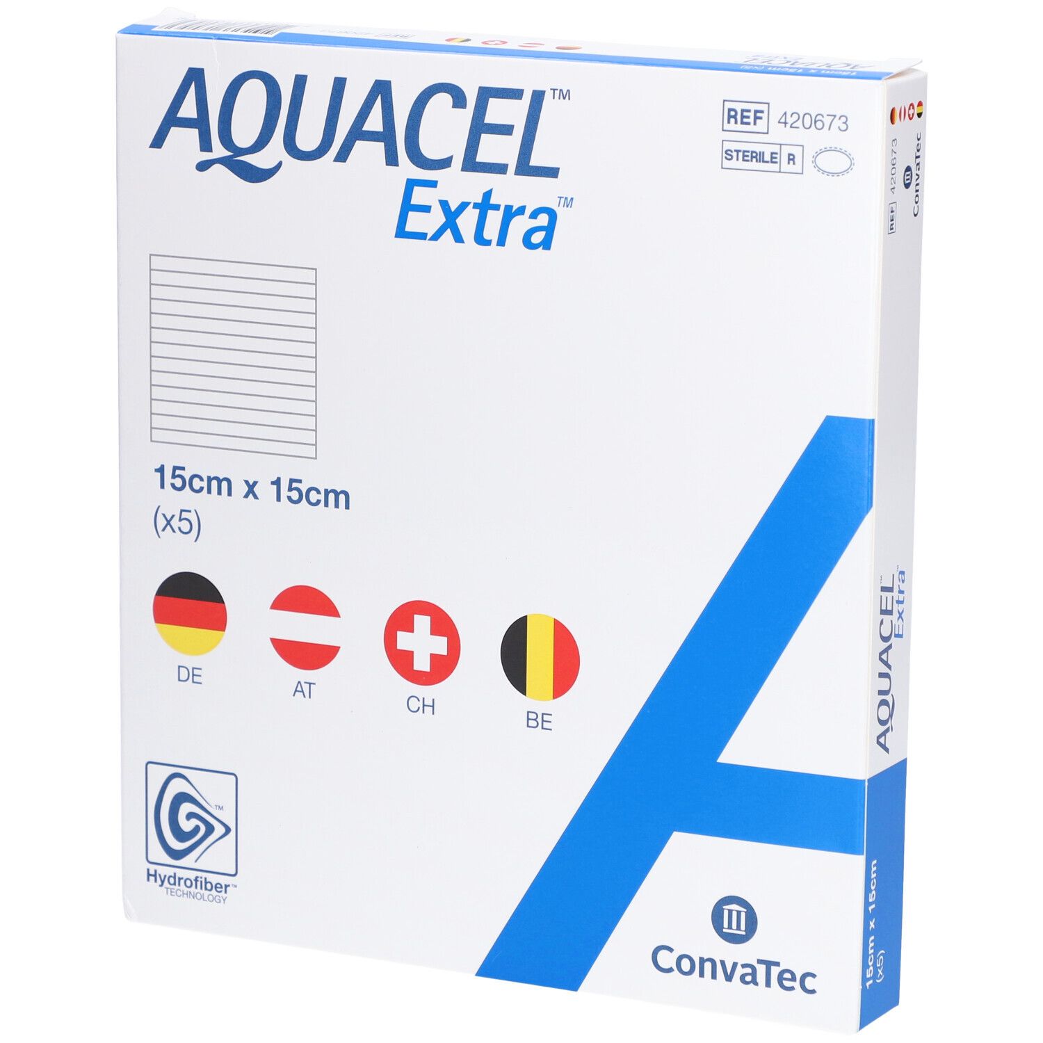 Verpackung von Aquacel Extra Wundverband. 15x15cm. Mit Logos und Länderflaggen. ConvaTec Logo.