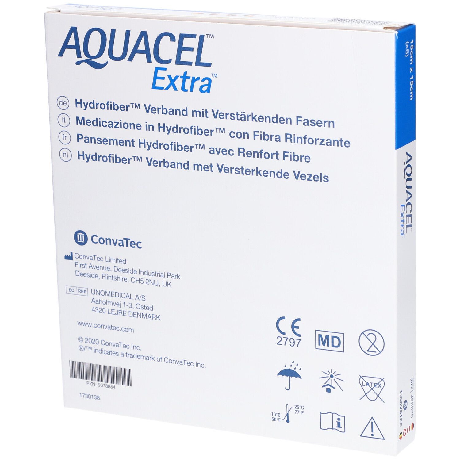 Rückseite der Aquacel Extra Verpackung. Text in mehreren Sprachen. ConvaTec Logo. CE-Kennzeichnung.