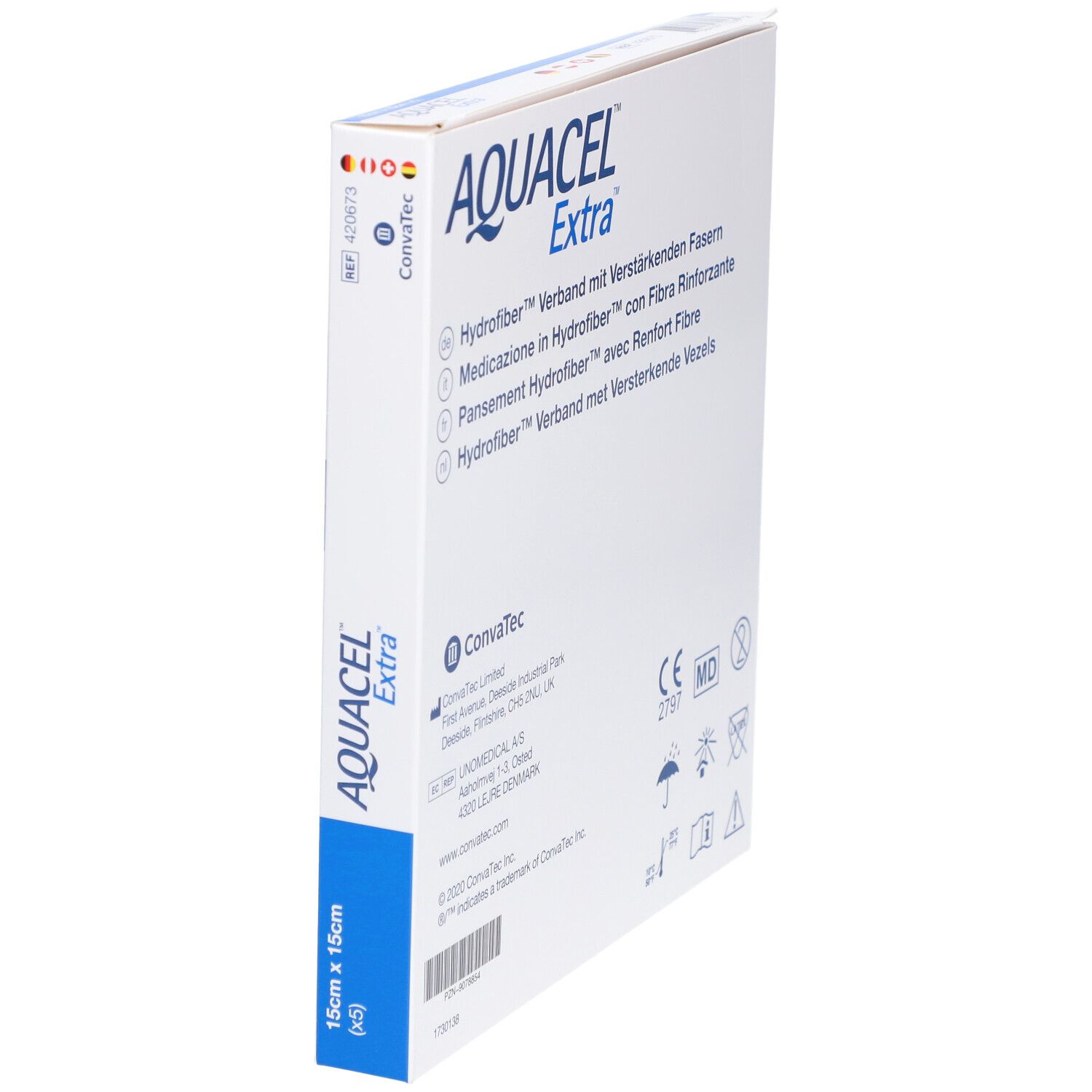 Aquacel Extra Verpackung, schräg. Text und Logos. ConvaTec Logo. CE-Kennzeichnung.