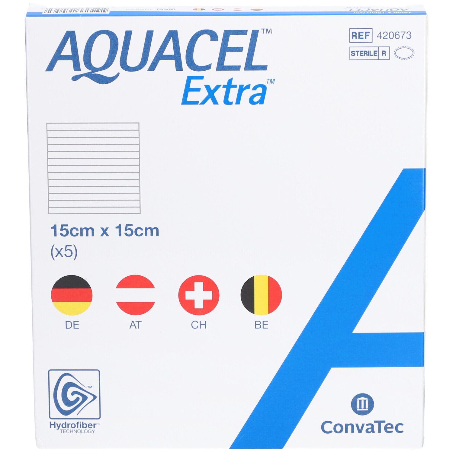Aquacel Extra Verpackung. 15x15cm. Logos und Länderflaggen. ConvaTec Logo.