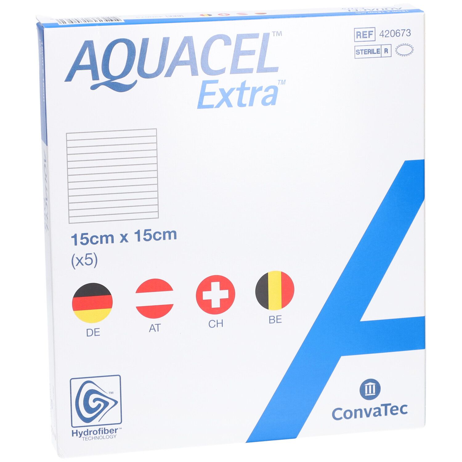 Aquacel Extra Verpackung. 15x15cm. Logos und Länderflaggen. ConvaTec Logo.