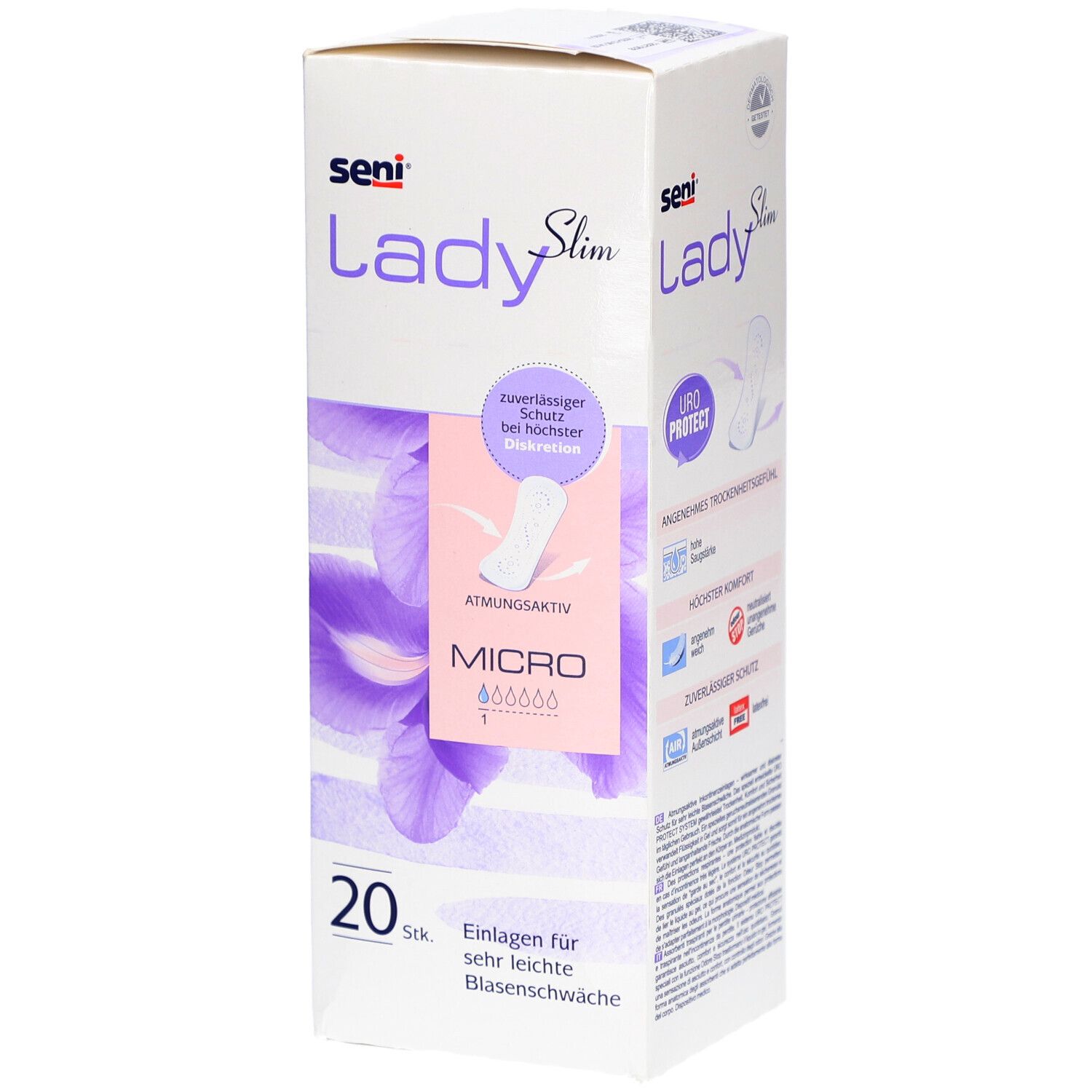 Verpackung von Seni Lady Slim Micro. Enthält 20 Stück. Aufdruck: atmungsaktiv, zuverlässiger Schutz, für sehr leichte Blasenschwäche.