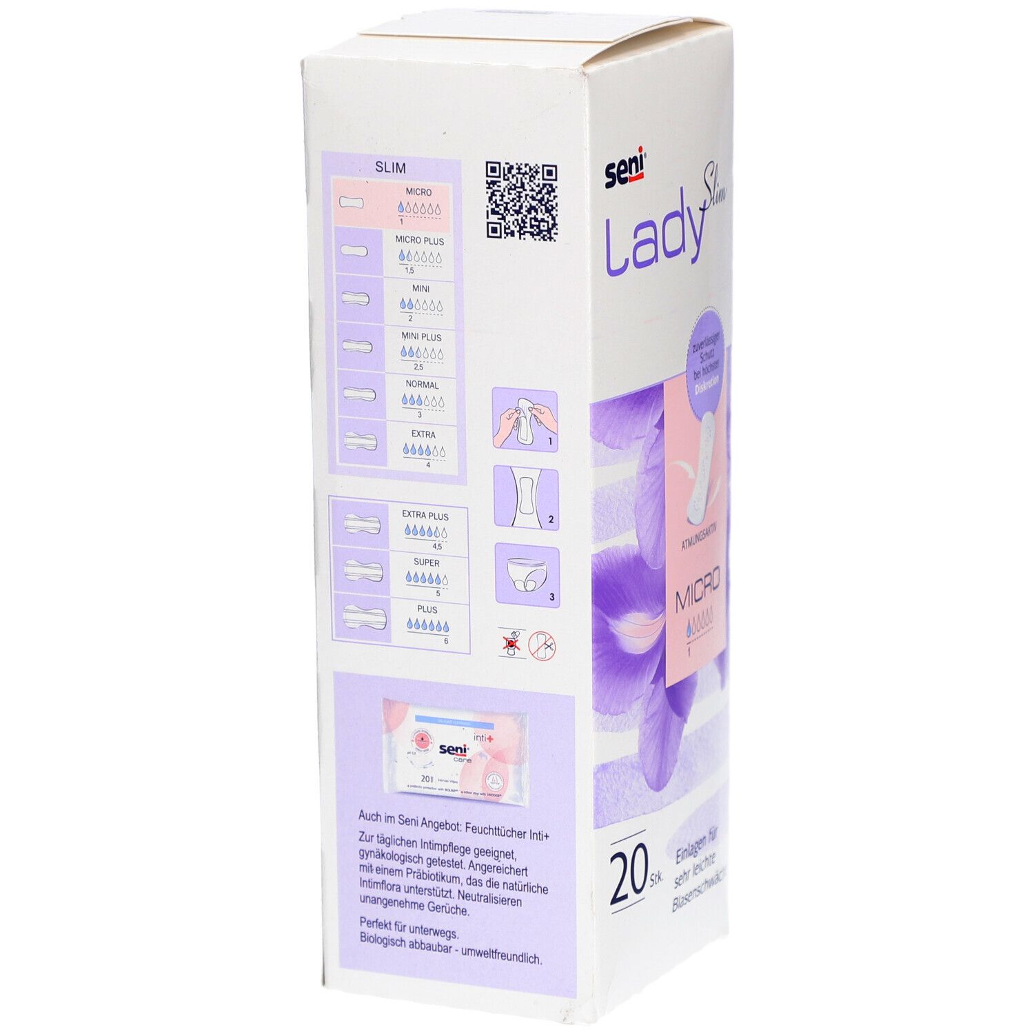 Verpackung von Seni Lady Slim Micro. Zeigt Größenvergleich und Anwendungshinweise. Enthält 20 Stück. Für sehr leichte Blasenschwäche.