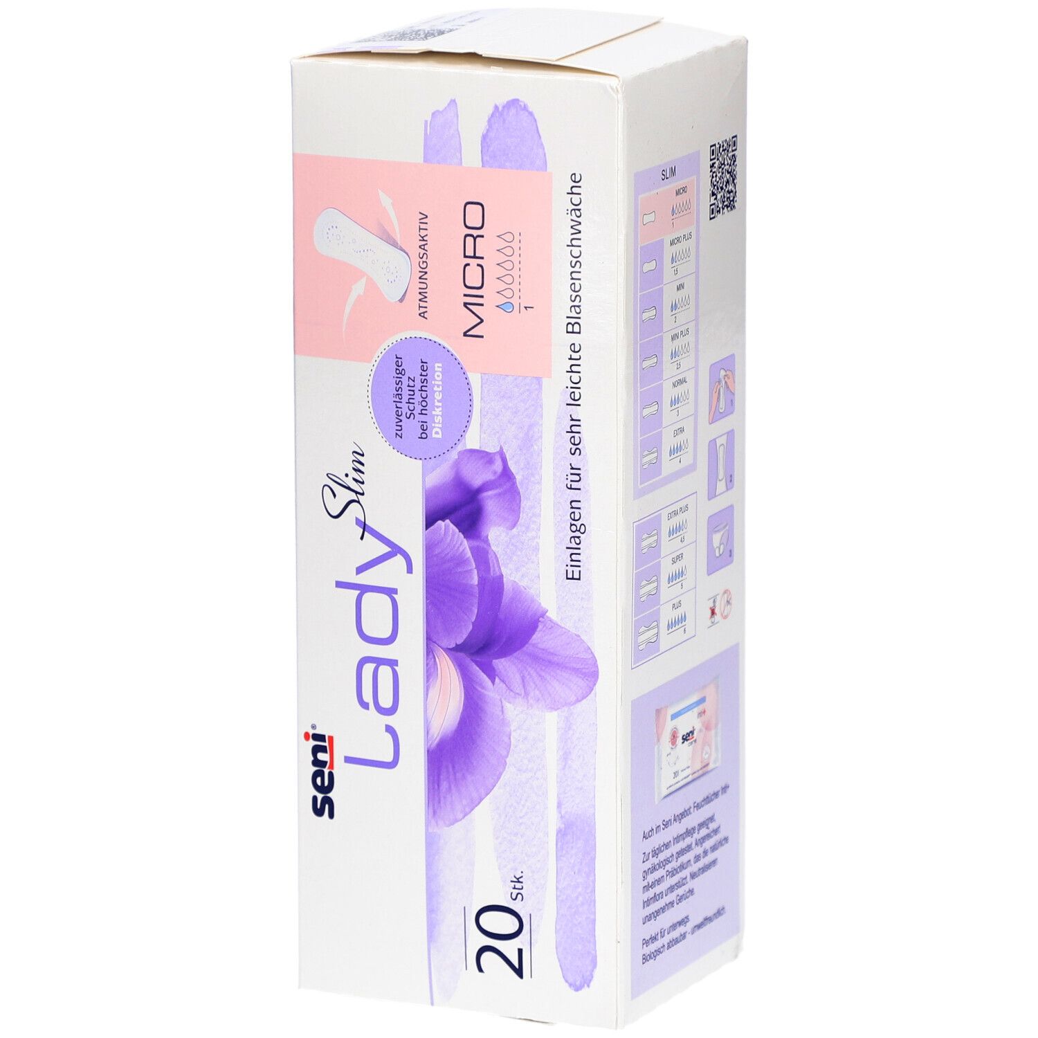 Verpackung von Seni Lady Slim Micro. Enthält 20 Stück. Aufdruck: atmungsaktiv, zuverlässiger Schutz, für sehr leichte Blasenschwäche.