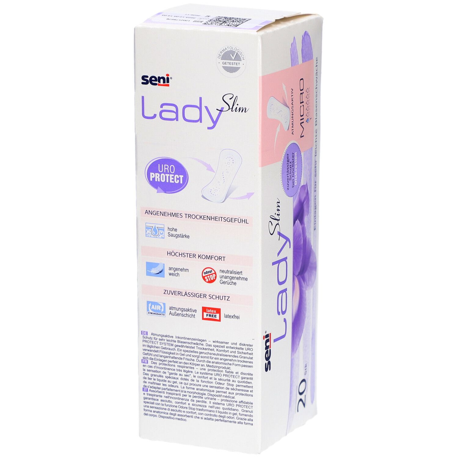 Verpackung von Seni Lady Slim Micro. Enthält 20 Stück. Aufdruck: Uro Protect, angenehmes Trockenheitsgefühl, höchster Komfort.