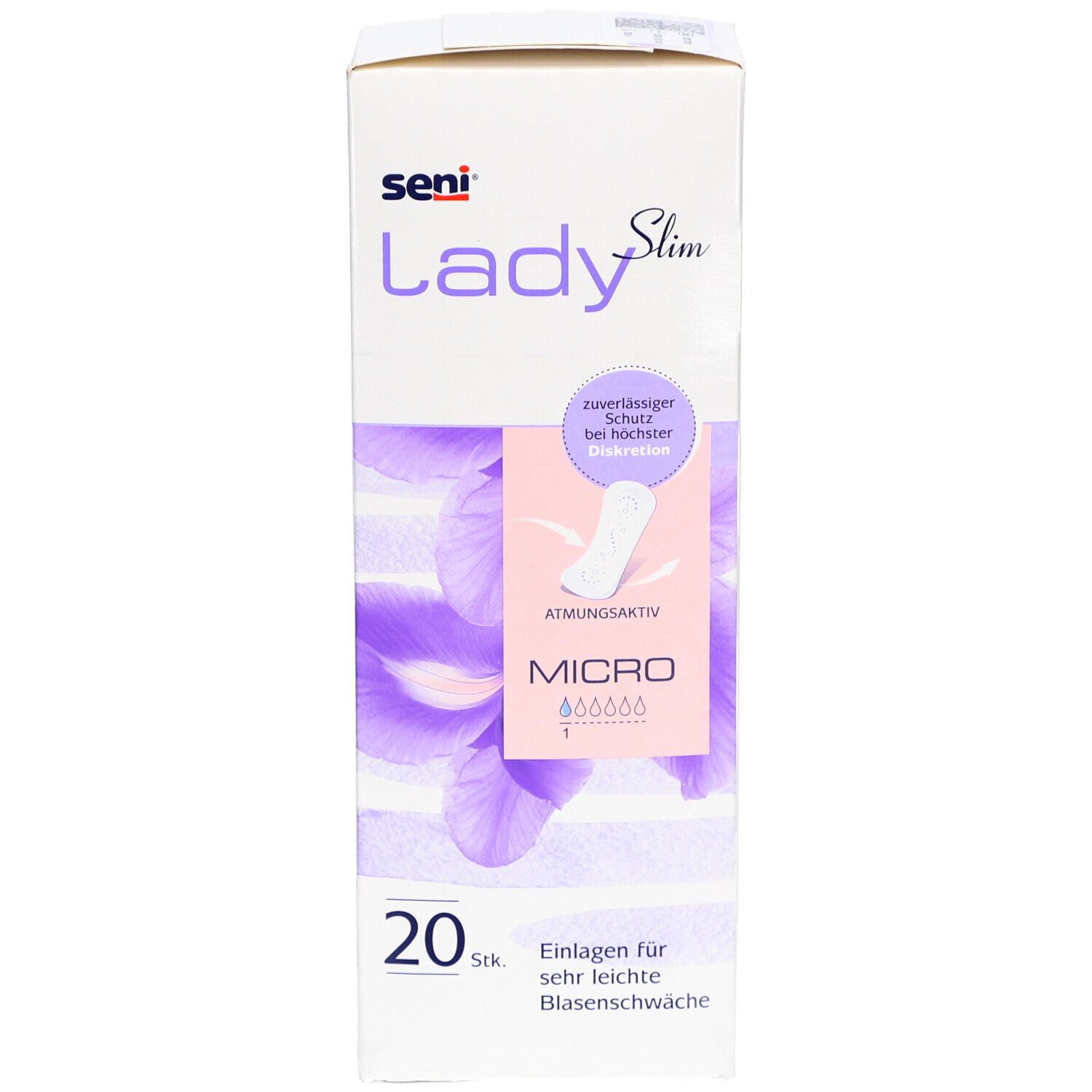Verpackung von Seni Lady Slim Micro. Enthält 20 Stück. Aufdruck: atmungsaktiv, zuverlässiger Schutz, für sehr leichte Blasenschwäche.