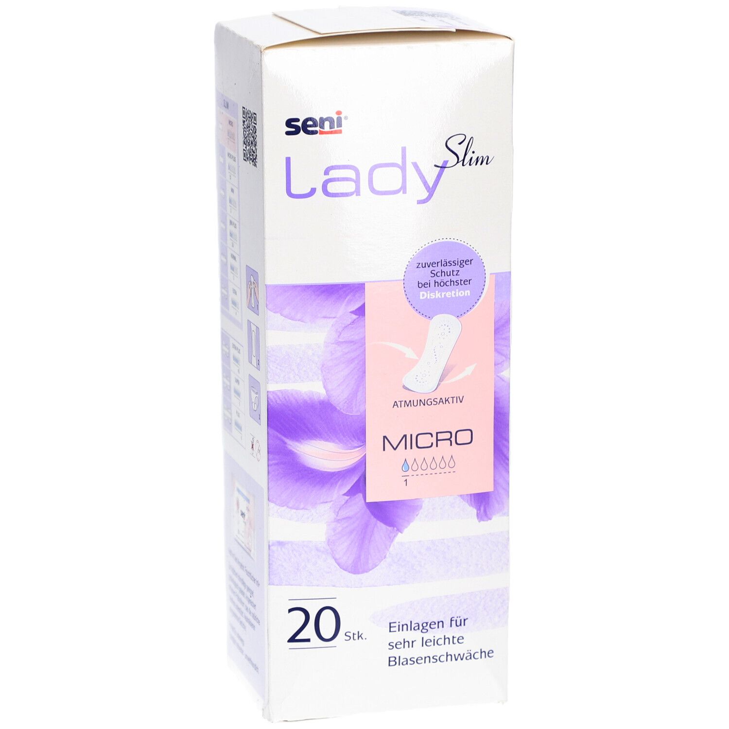 Verpackung von Seni Lady Slim Micro. Enthält 20 Stück. Aufdruck: atmungsaktiv, zuverlässiger Schutz, für sehr leichte Blasenschwäche.
