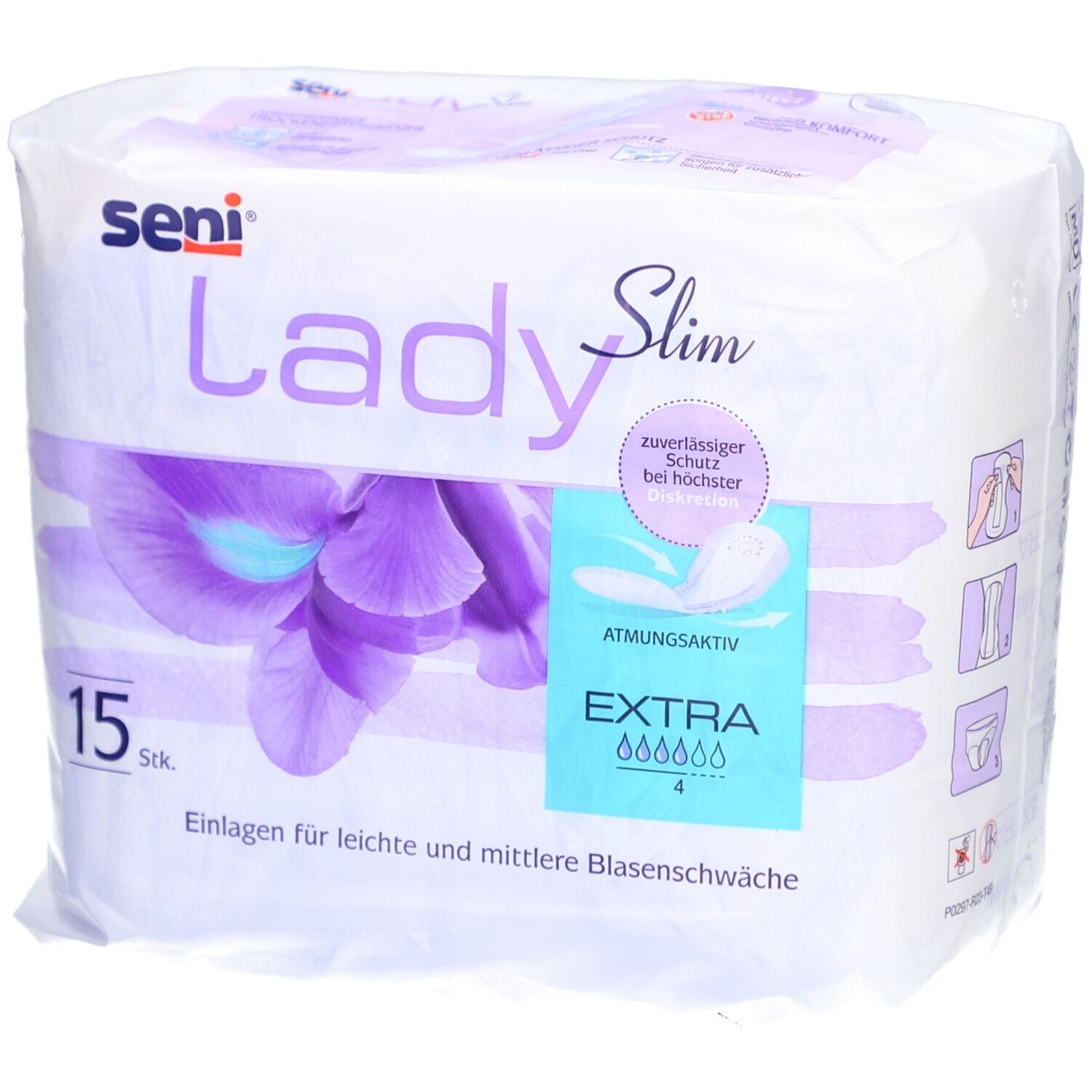 Packung Seni Lady Slim Extra. 15 Stück. Für leichte bis mittlere Blasenschwäche. Atmungsaktiv. Mit zuverlässigem Schutz.