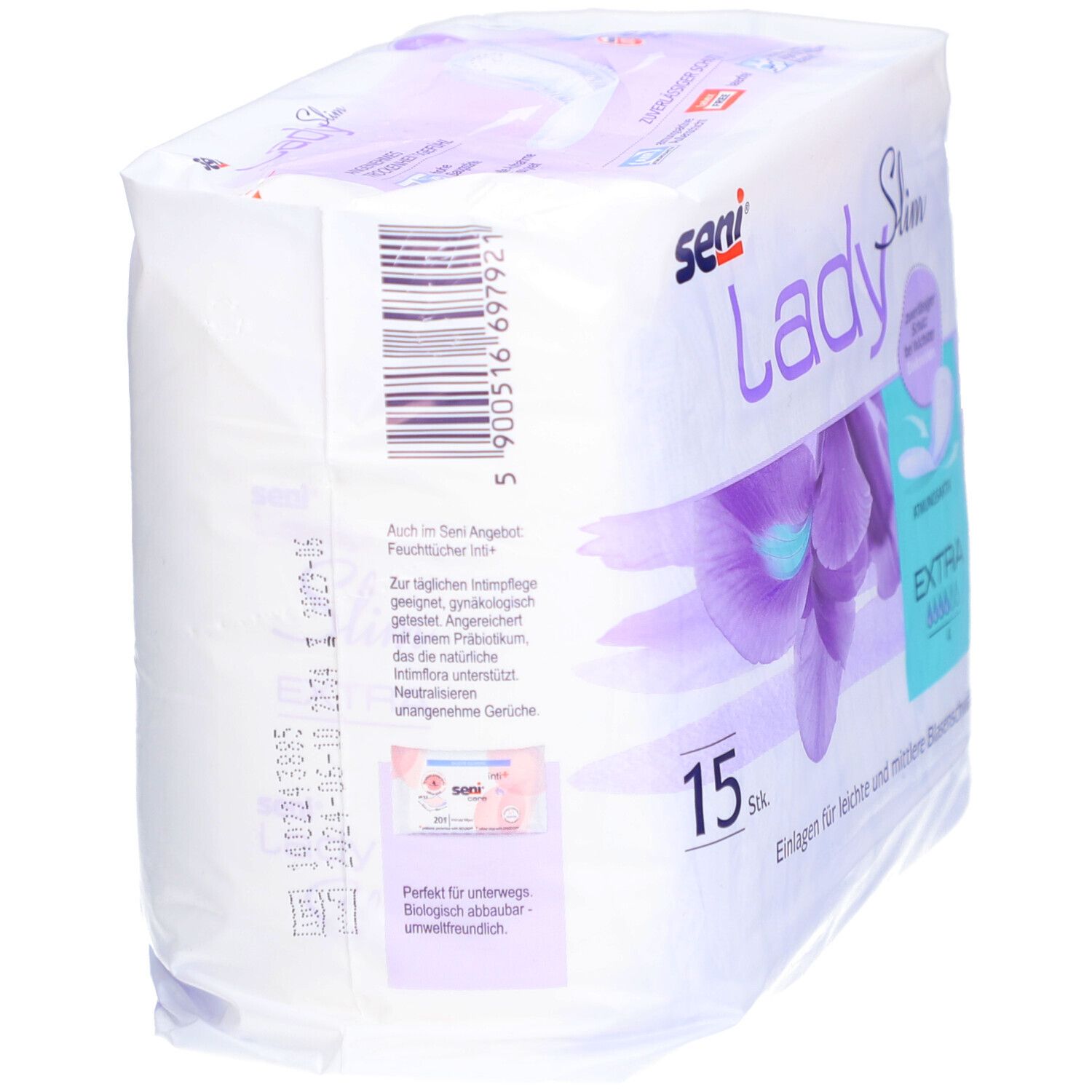 Packung Seni Lady Slim Extra. Rückseite mit Barcode und Produktinformationen. 15 Stück. Für leichte bis mittlere Blasenschwäche.
