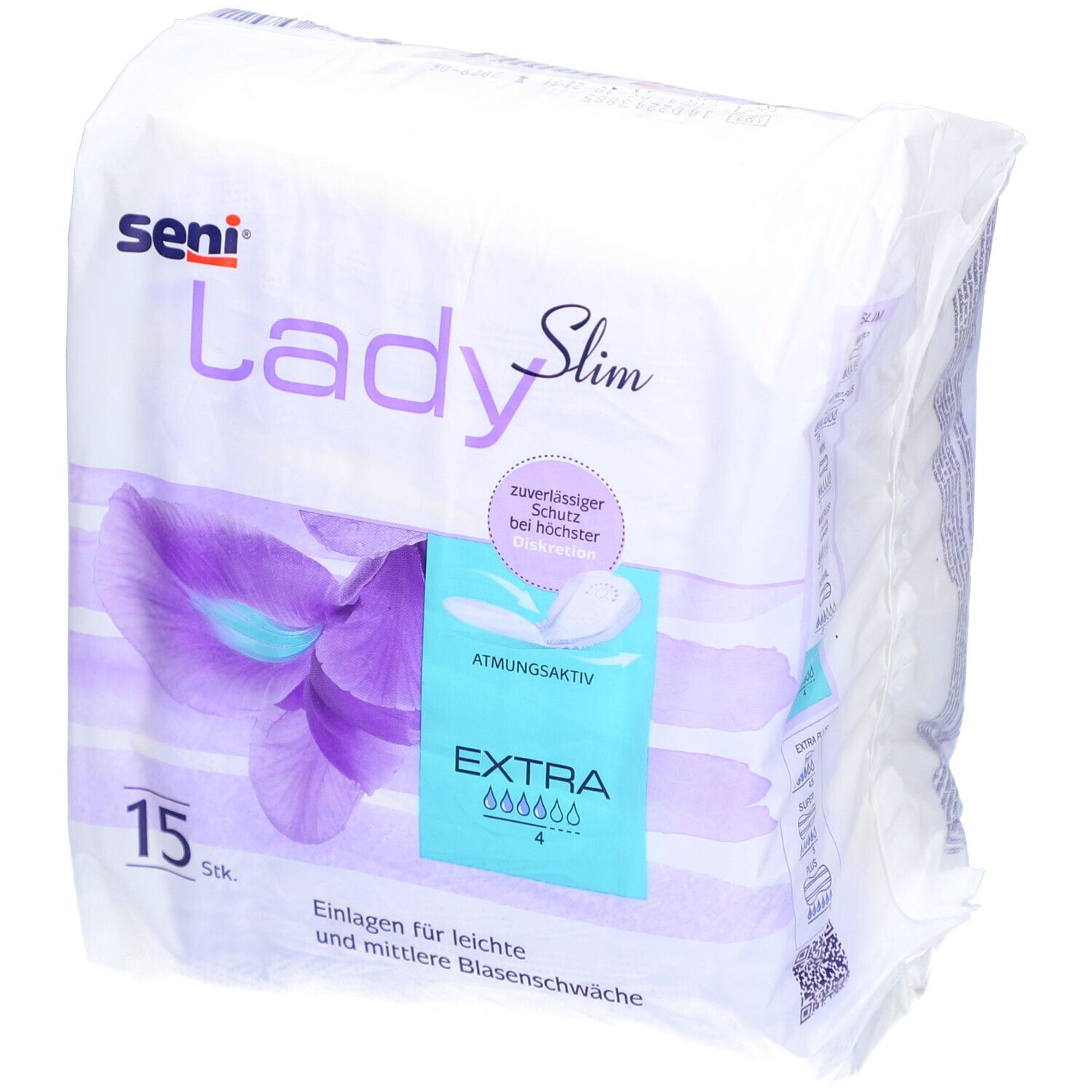Packung Seni Lady Slim Extra. 15 Stück. Für leichte bis mittlere Blasenschwäche. Atmungsaktiv. Mit zuverlässigem Schutz.