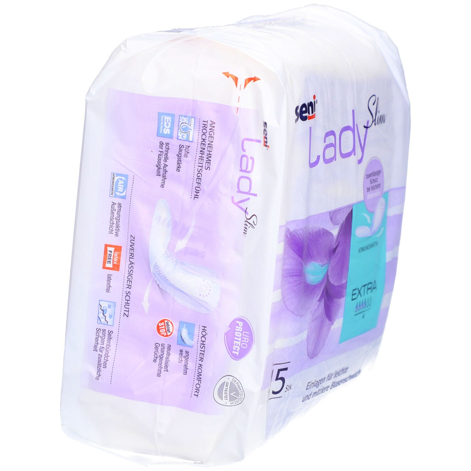 Packung Seni Lady Slim Extra. 5 Stück. Für leichte bis mittlere Blasenschwäche. Mit Komfort und Schutz. Atmungsaktiv.