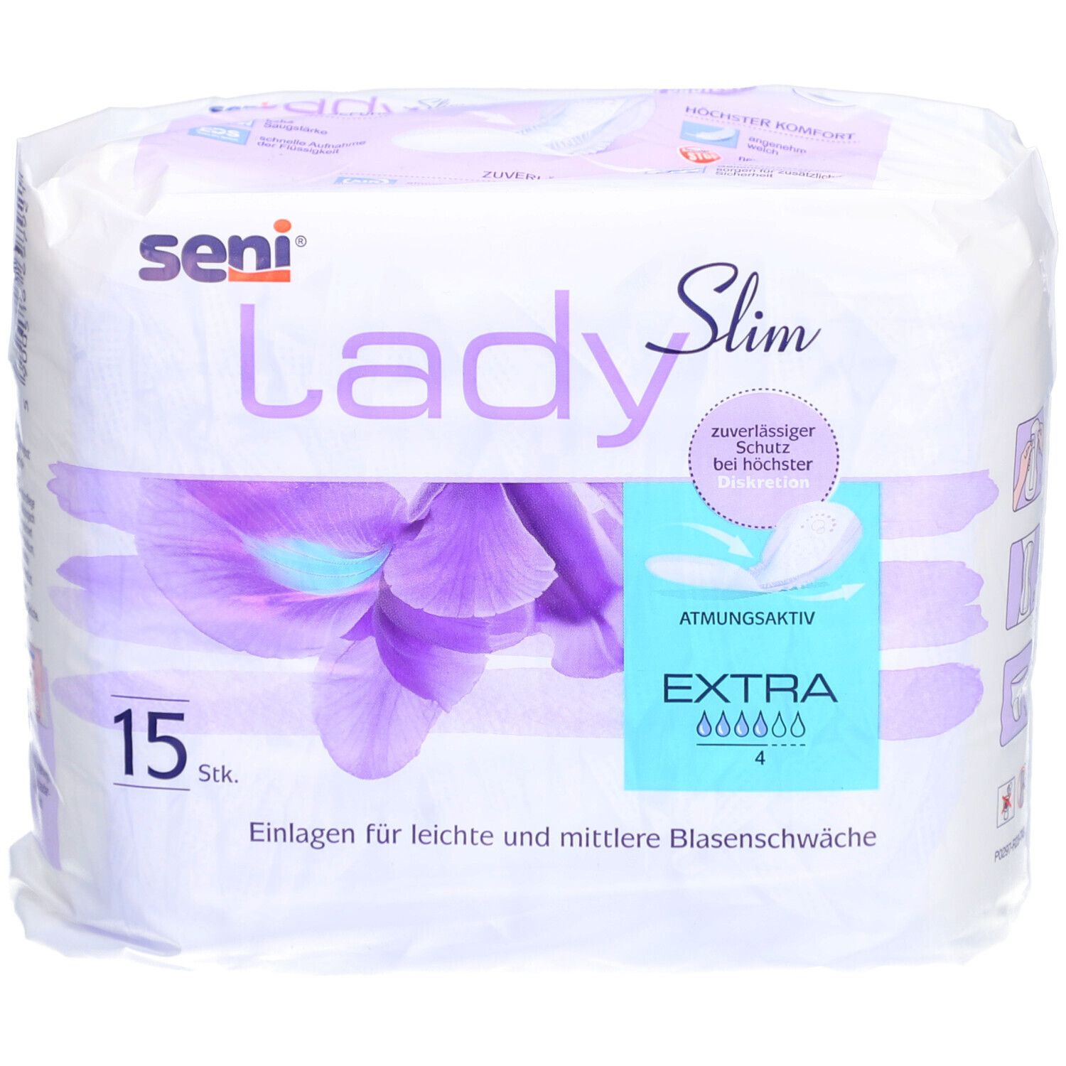 Packung Seni Lady Slim Extra. 15 Stück. Für leichte bis mittlere Blasenschwäche. Atmungsaktiv. Mit zuverlässigem Schutz.