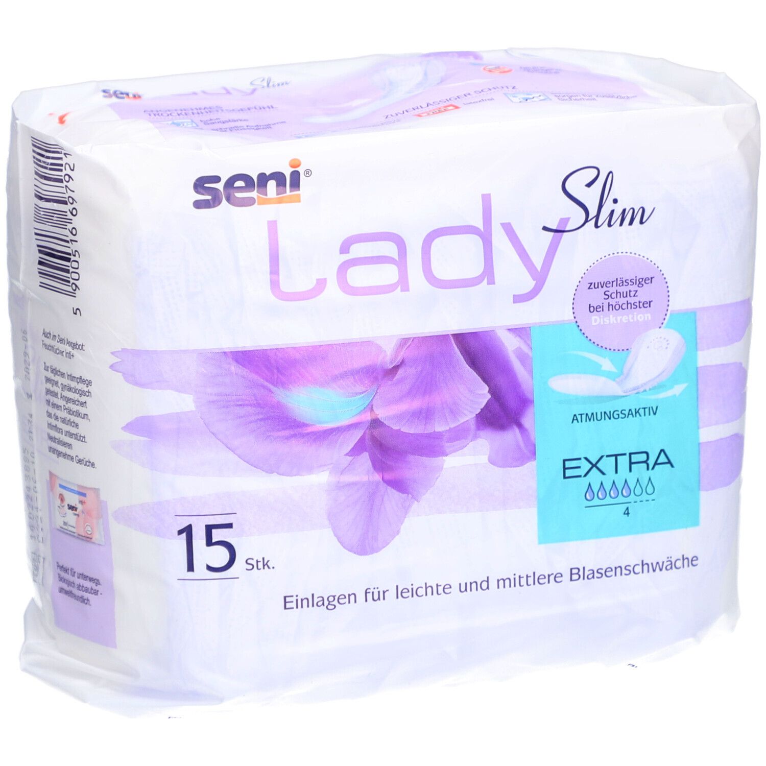 Packung Seni Lady Slim Extra. 15 Stück. Für leichte bis mittlere Blasenschwäche. Atmungsaktiv. Mit zuverlässigem Schutz.