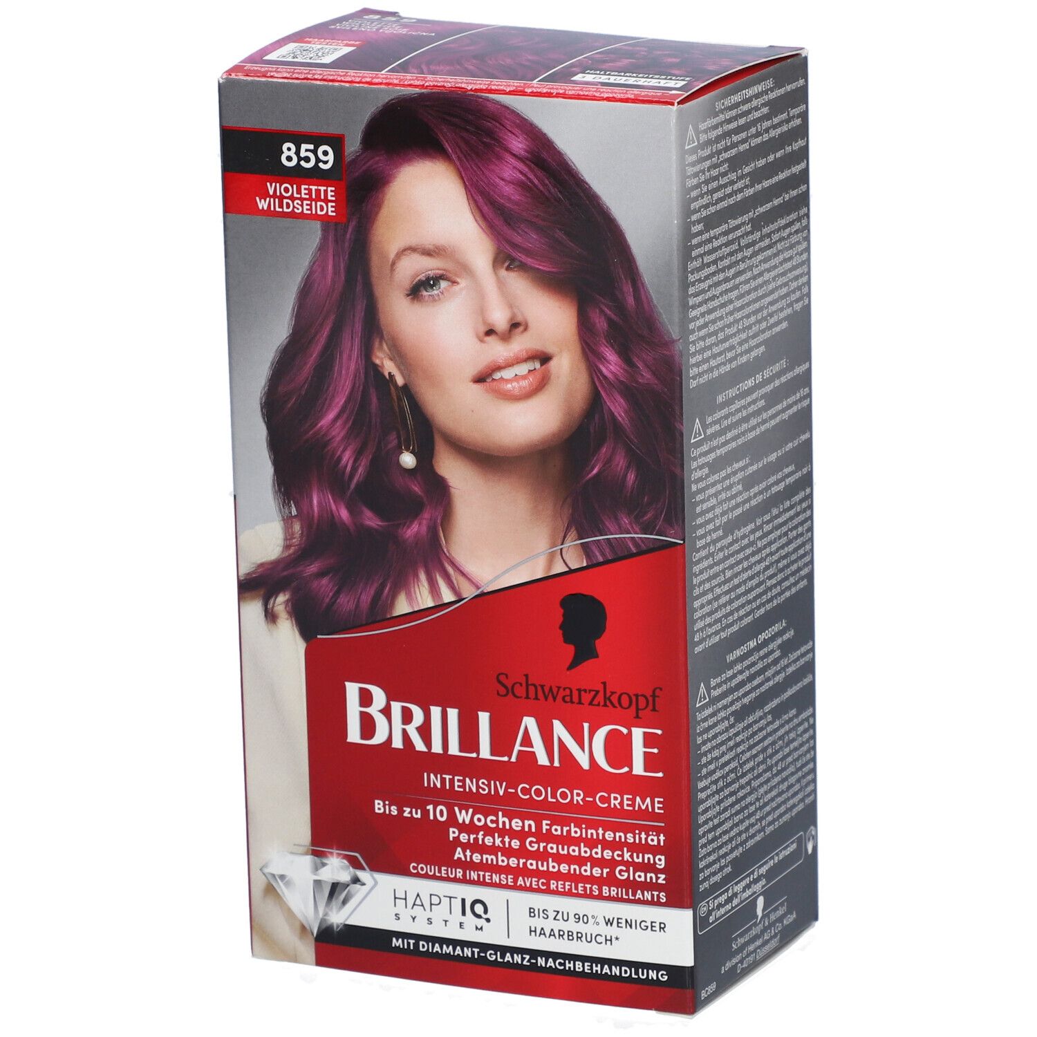 Haarfarbe-Box mit Frau, die violettes Haar zeigt. Marke: Brilliance. Text: Intensiv-Color-Creme, Farbton 859 Violette Wildseide.